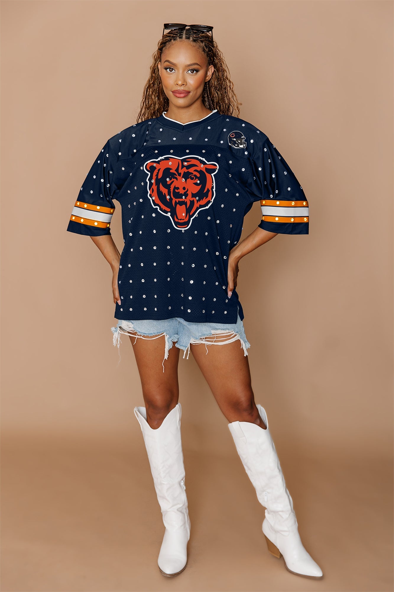 CHICAGO BEARS KICKOFF TIME ALL OVER RHINESTONE V NECK SPORTS STRIPE FASHION JERSEY TOP