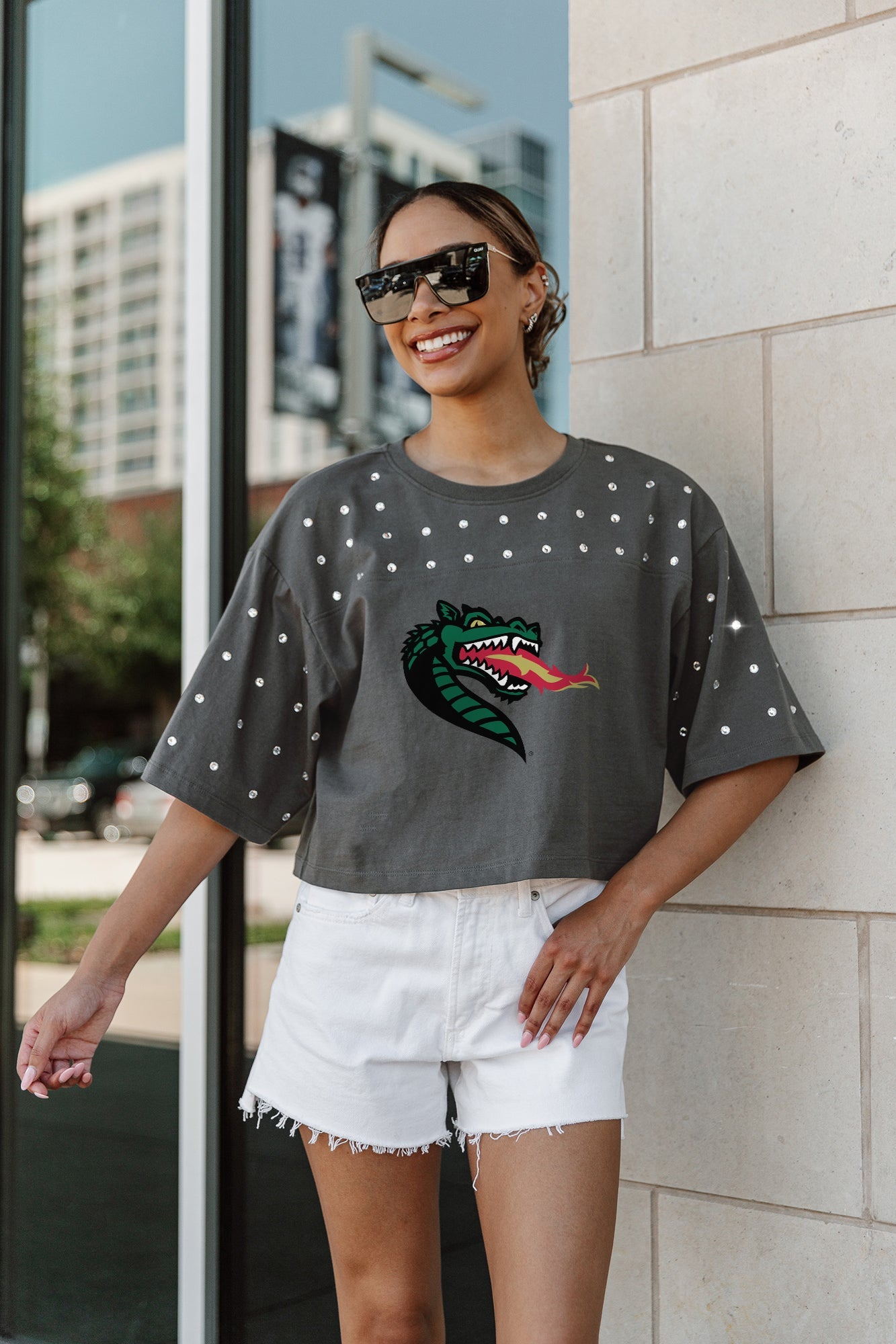 ALABAMA AT BIRMINGHAM BLAZERS MAKING MOVES ALL-OVER RHINESTONE CROPPED TEE WITH YOKE