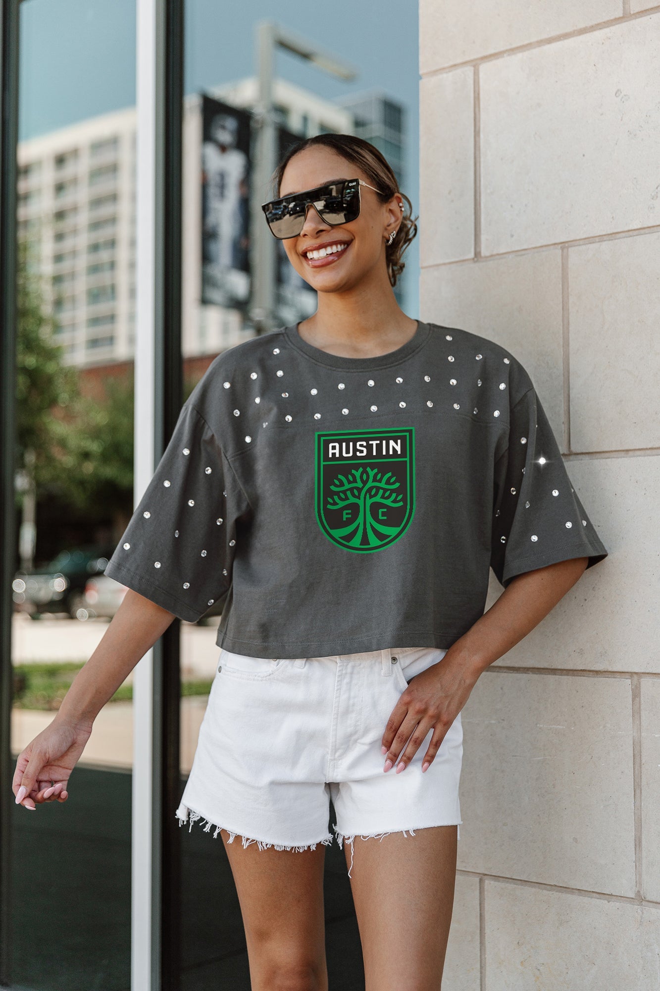 AUSTIN FC MAKING MOVES ALL-OVER RHINESTONE CROPPED TEE WITH YOKE