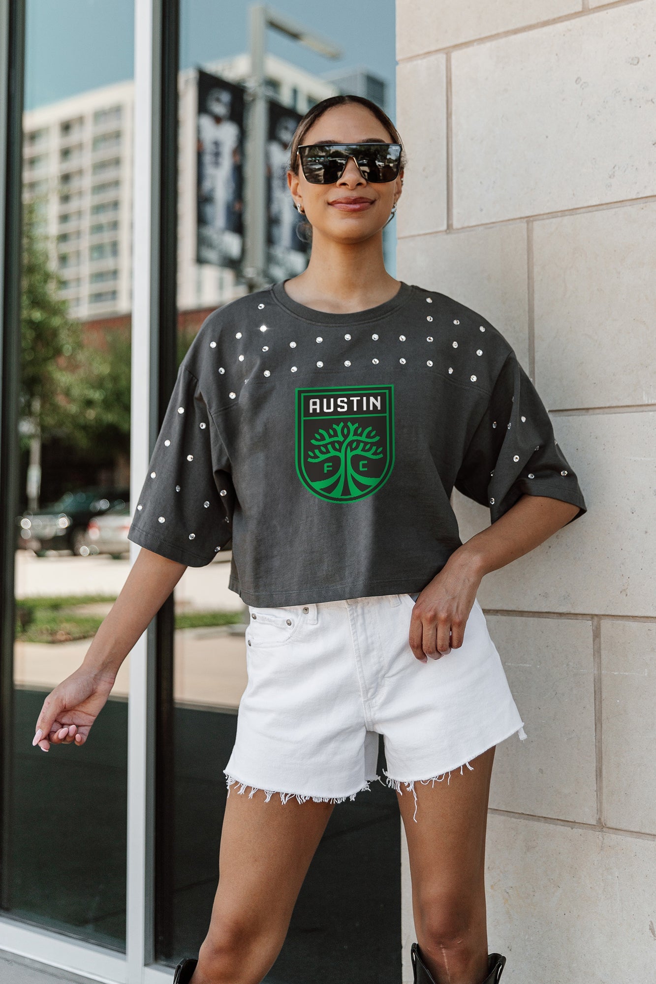 AUSTIN FC MAKING MOVES ALL-OVER RHINESTONE CROPPED TEE WITH YOKE