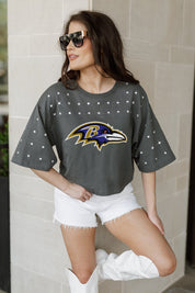 BALTIMORE RAVENS MAKING MOVES ALL-OVER RHINESTONE CROPPED TEE WITH YOKE