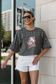BELLARMINE KNIGHTS MAKING MOVES ALL-OVER RHINESTONE CROPPED TEE WITH YOKE