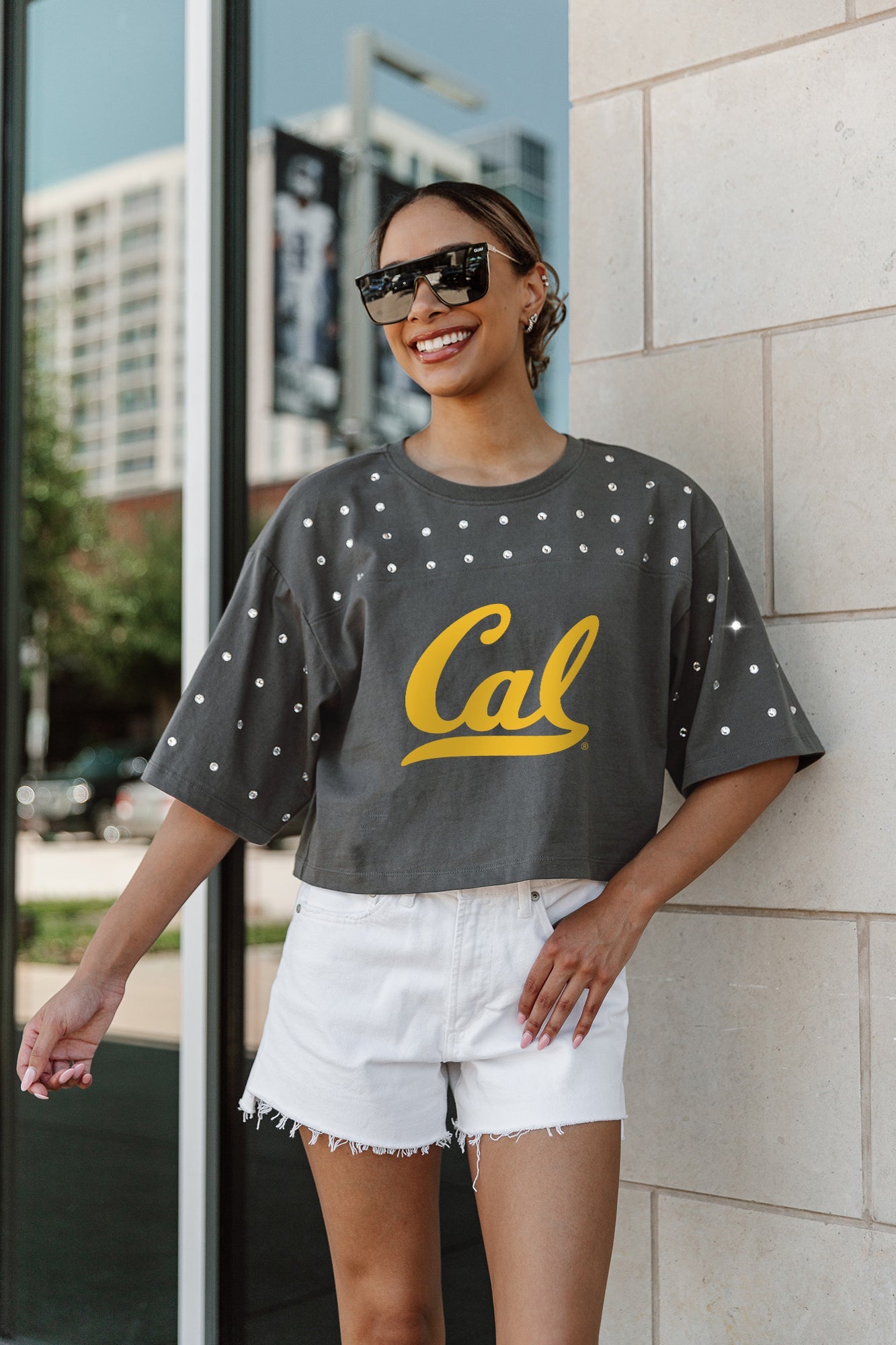 CALIFORNIA GOLDEN BEARS MAKING MOVES ALL-OVER RHINESTONE CROPPED TEE WITH YOKE