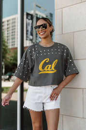 CALIFORNIA GOLDEN BEARS MAKING MOVES ALL-OVER RHINESTONE CROPPED TEE WITH YOKE