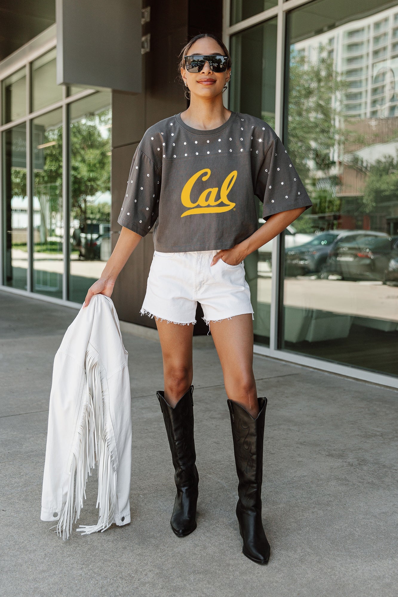 CALIFORNIA GOLDEN BEARS MAKING MOVES ALL-OVER RHINESTONE CROPPED TEE WITH YOKE