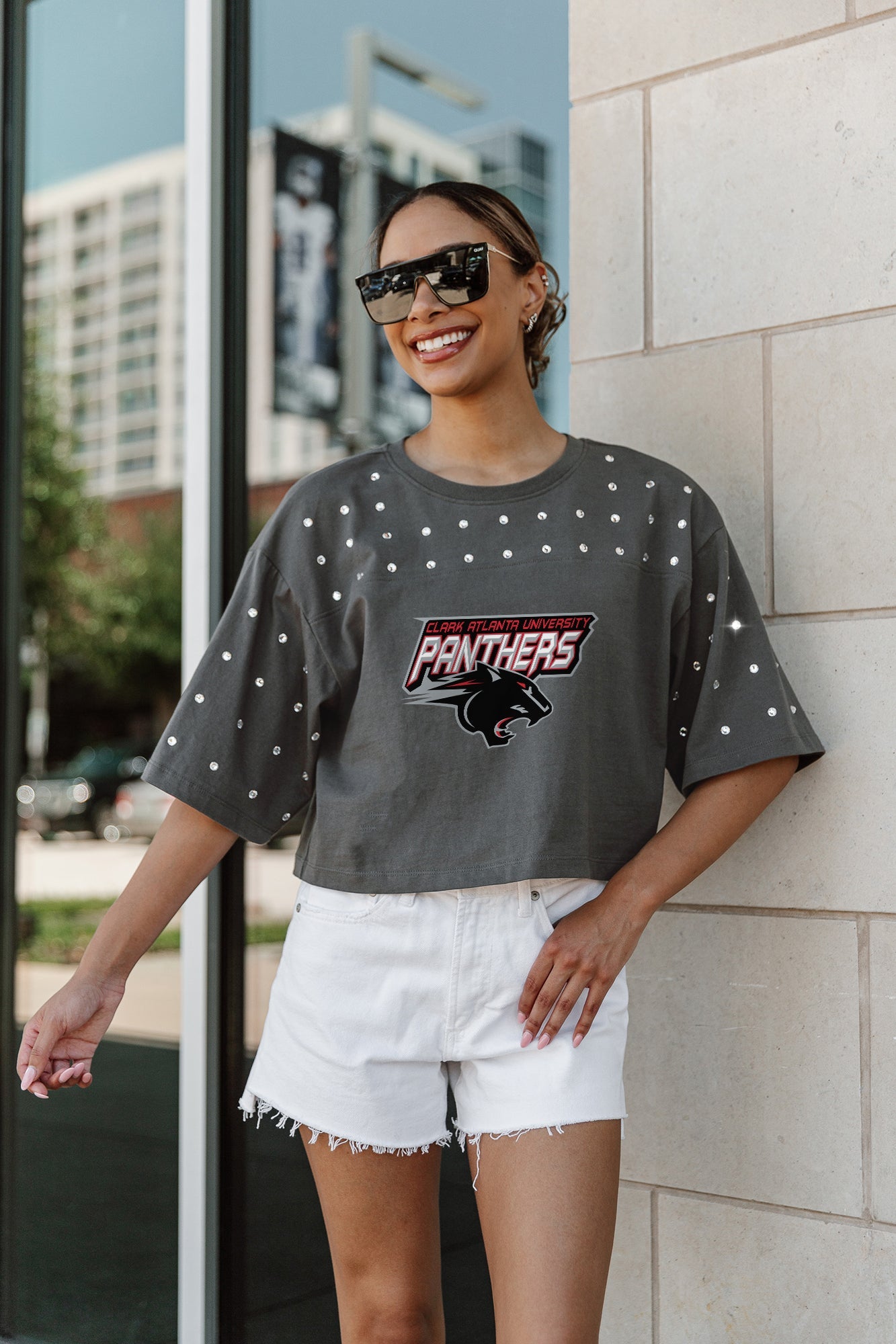 CLARK ATLANTA UNIVERSITY PANTHERS MAKING MOVES ALL-OVER RHINESTONE CROPPED TEE WITH YOKE