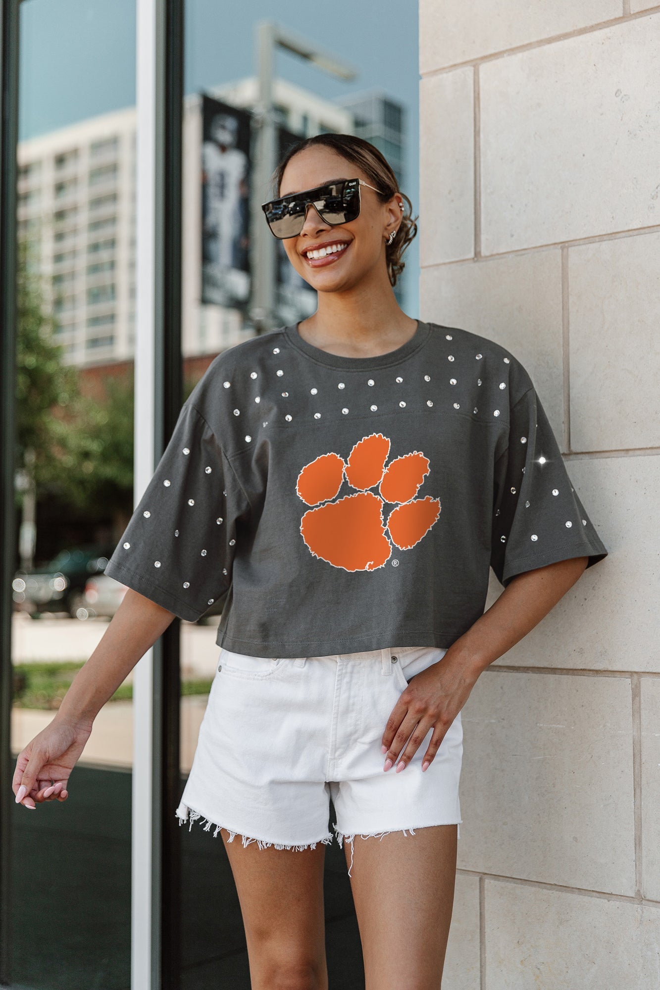 CLEMSON TIGERS MAKING MOVES ALL-OVER RHINESTONE CROPPED TEE WITH YOKE