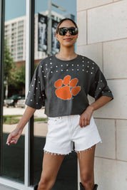 CLEMSON TIGERS MAKING MOVES ALL-OVER RHINESTONE CROPPED TEE WITH YOKE