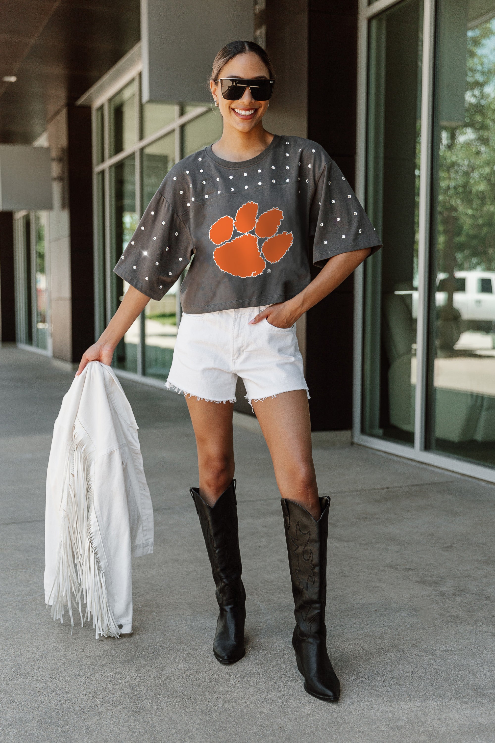 CLEMSON TIGERS MAKING MOVES ALL-OVER RHINESTONE CROPPED TEE WITH YOKE