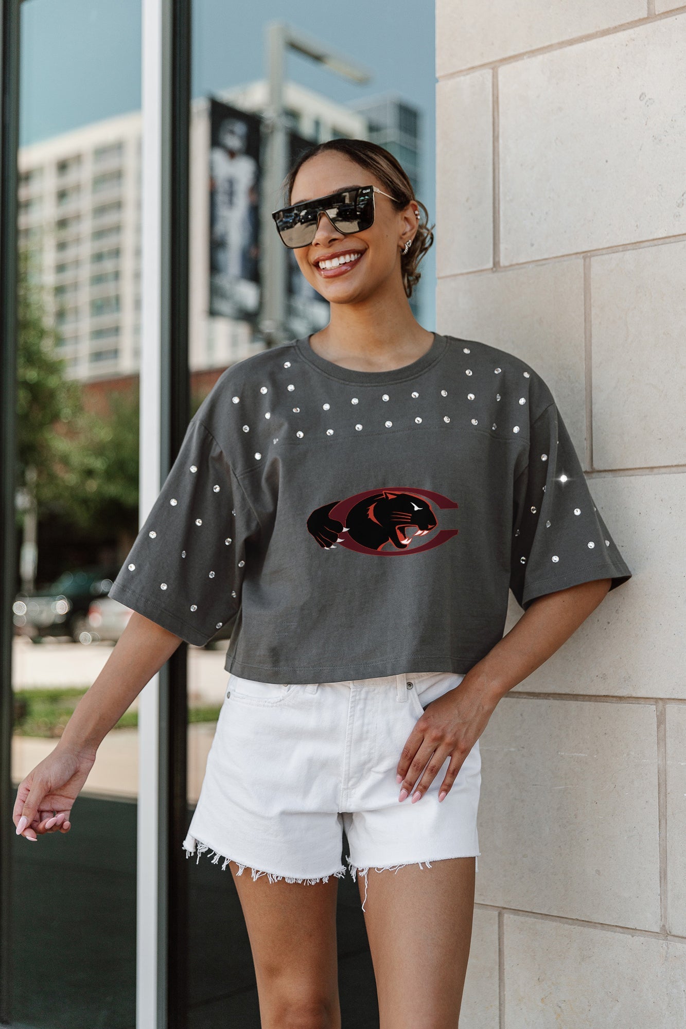CLAFLIN PANTHERS MAKING MOVES ALL-OVER RHINESTONE CROPPED TEE WITH YOKE