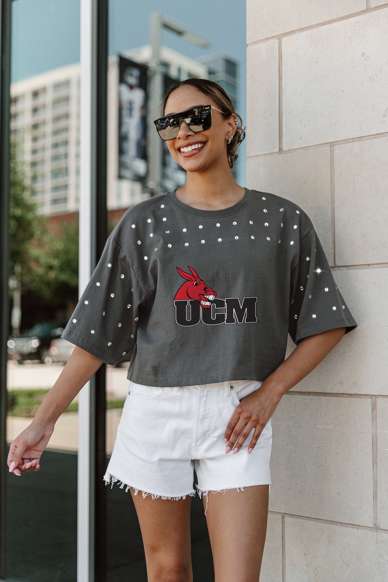 CENTRAL MISSOURI MULES MAKING MOVES ALL-OVER RHINESTONE CROPPED TEE WITH YOKE