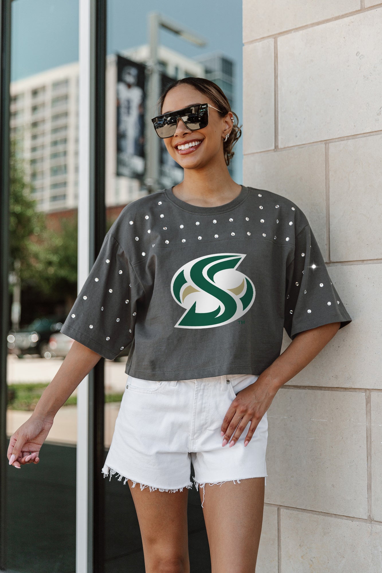 SACRAMENTO STATE HORNETS MAKING MOVES ALL-OVER RHINESTONE CROPPED TEE WITH YOKE