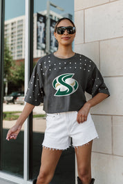 SACRAMENTO STATE HORNETS MAKING MOVES ALL-OVER RHINESTONE CROPPED TEE WITH YOKE