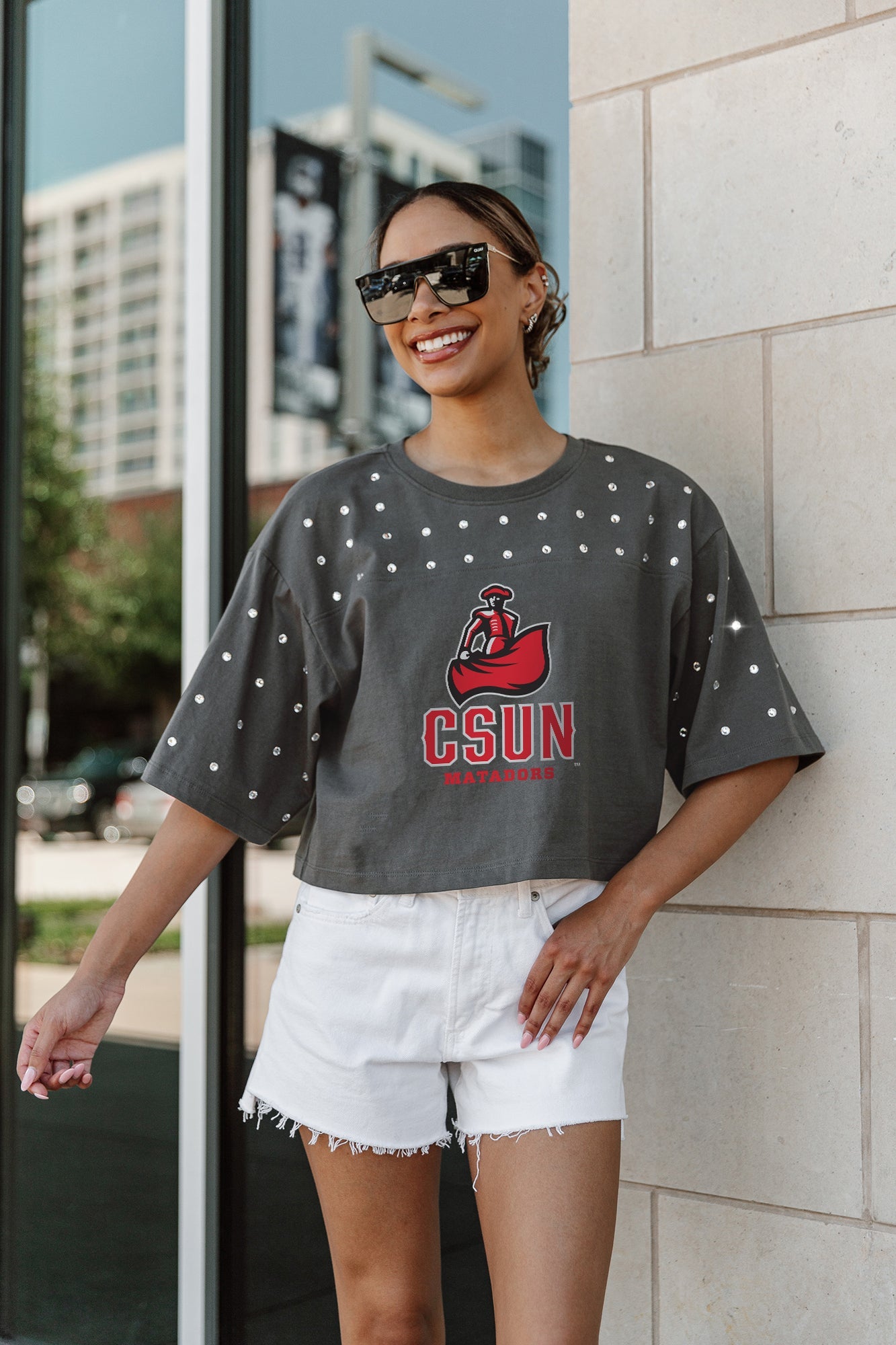 CAL STATE NORTHRIDGE MATADORS MAKING MOVES ALL-OVER RHINESTONE CROPPED TEE WITH YOKE