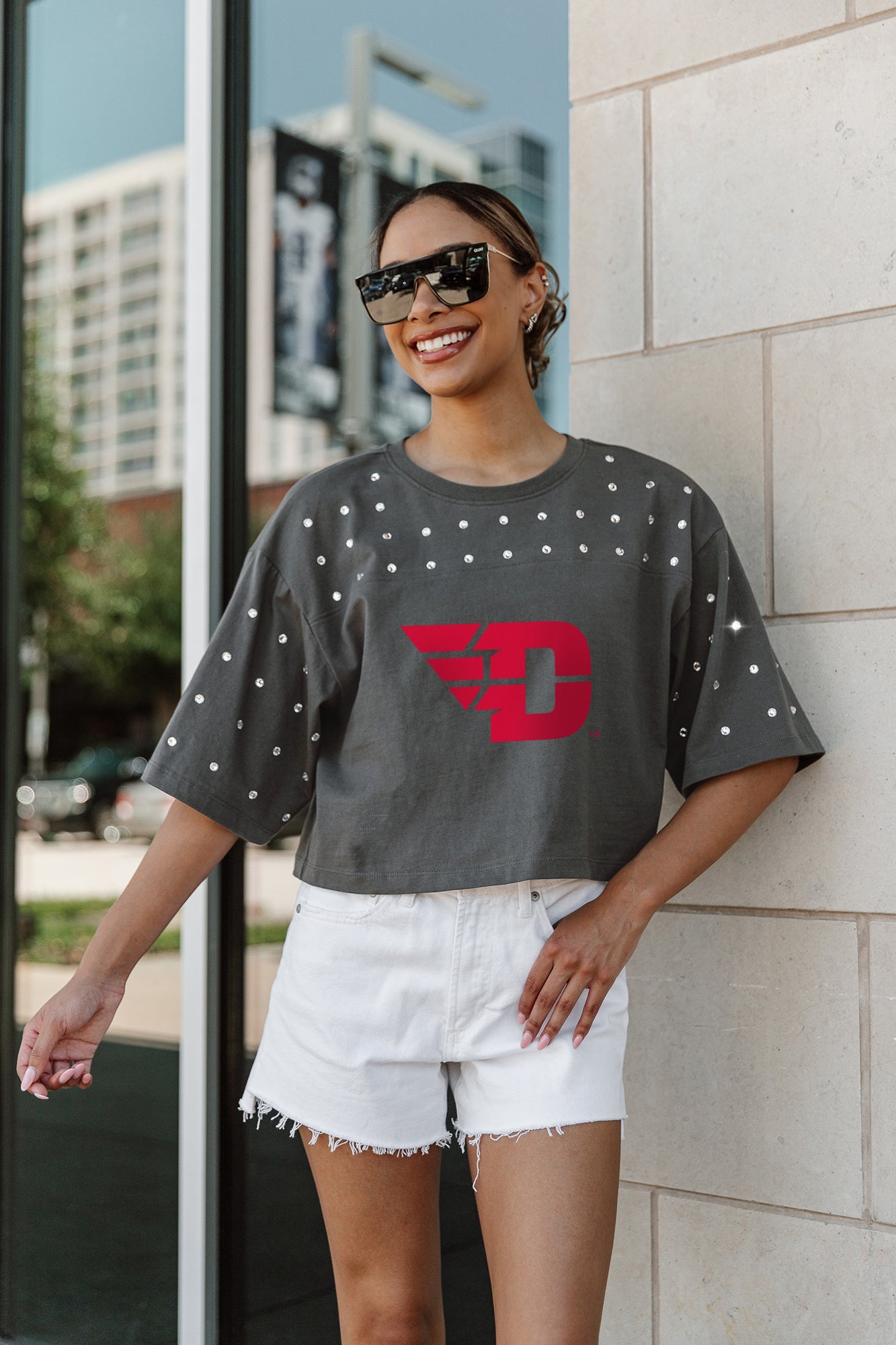 DAYTON FLYERS MAKING MOVES ALL-OVER RHINESTONE CROPPED TEE WITH YOKE