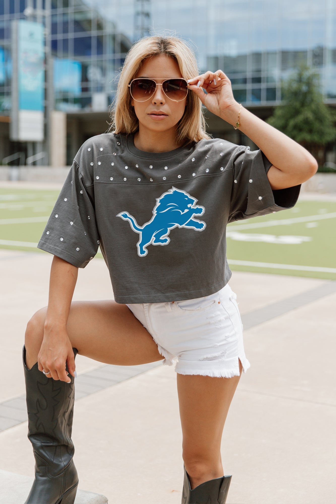DETROIT LIONS MAKING MOVES ALL-OVER RHINESTONE CROPPED TEE WITH YOKE