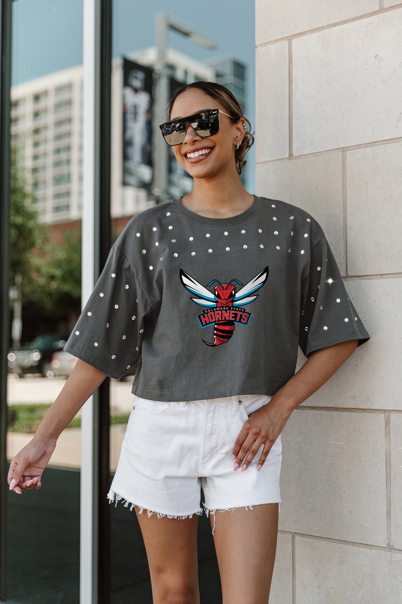 DELAWARE STATE HORNETS MAKING MOVES ALL-OVER RHINESTONE CROPPED TEE WITH YOKE