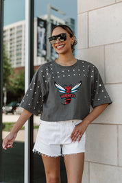 DELAWARE STATE HORNETS MAKING MOVES ALL-OVER RHINESTONE CROPPED TEE WITH YOKE