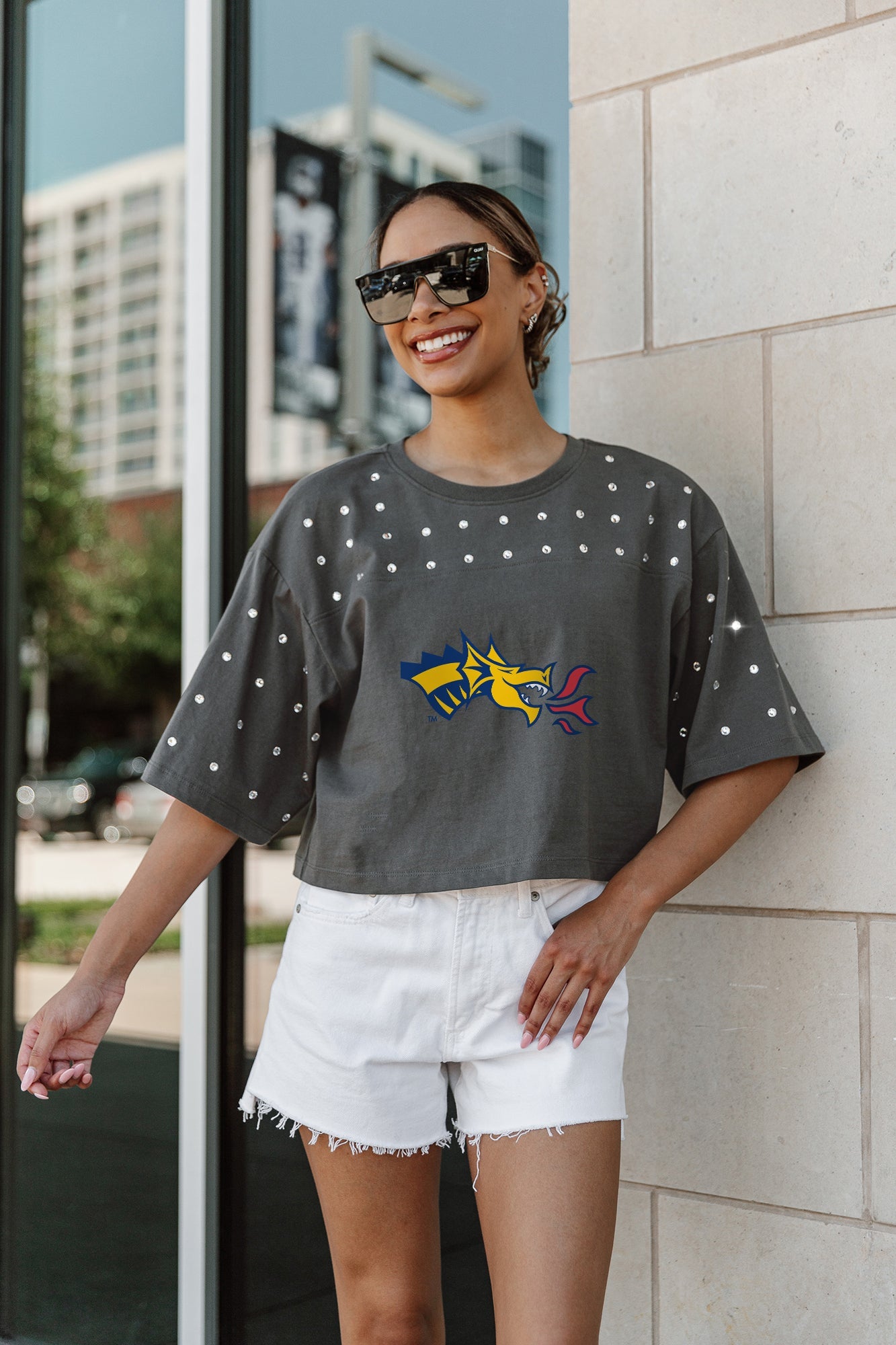 DREXEL UNIVERSITY DRAGONS MAKING MOVES ALL-OVER RHINESTONE CROPPED TEE WITH YOKE