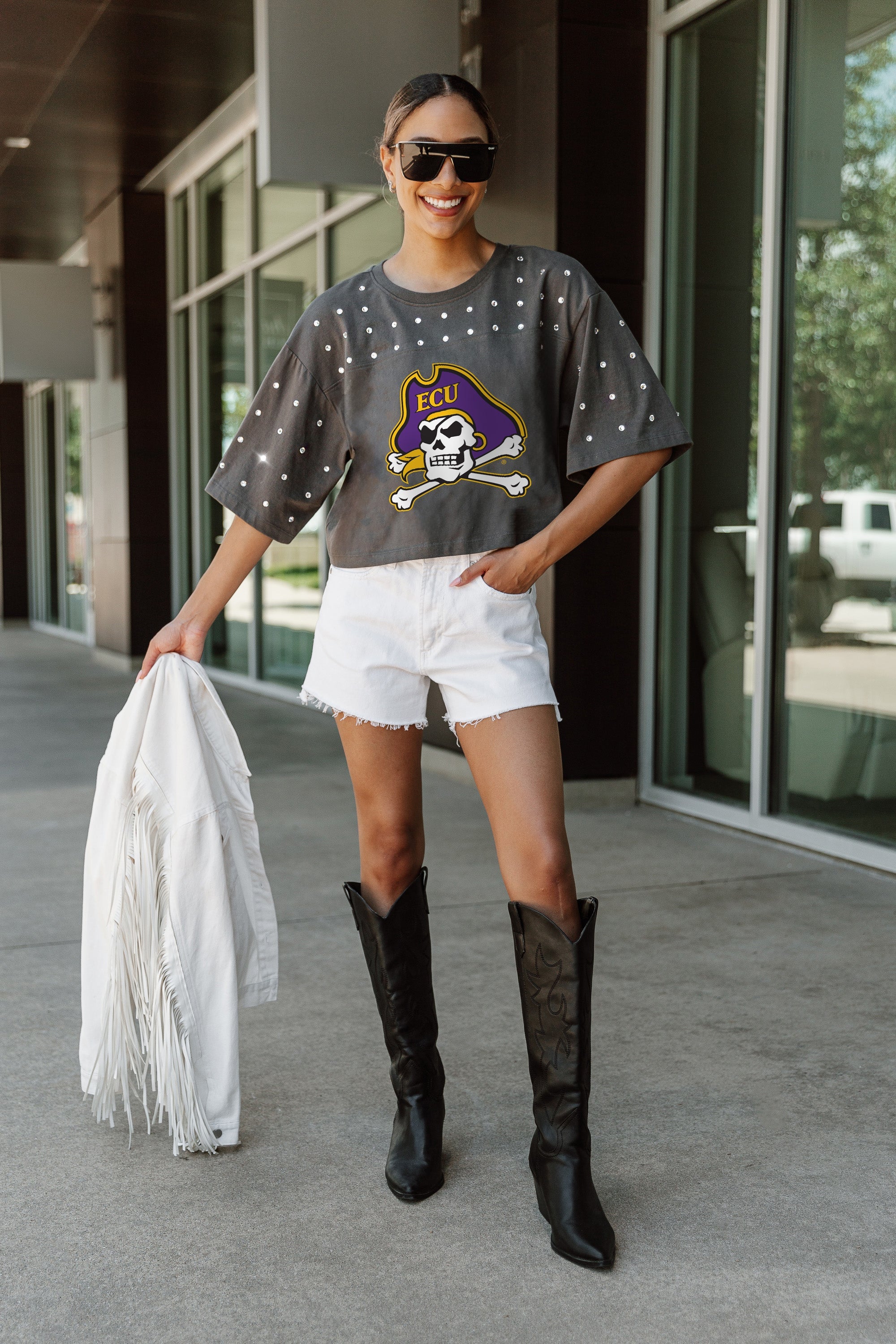 EAST CAROLINA PIRATES MAKING MOVES ALL-OVER RHINESTONE CROPPED TEE WITH YOKE