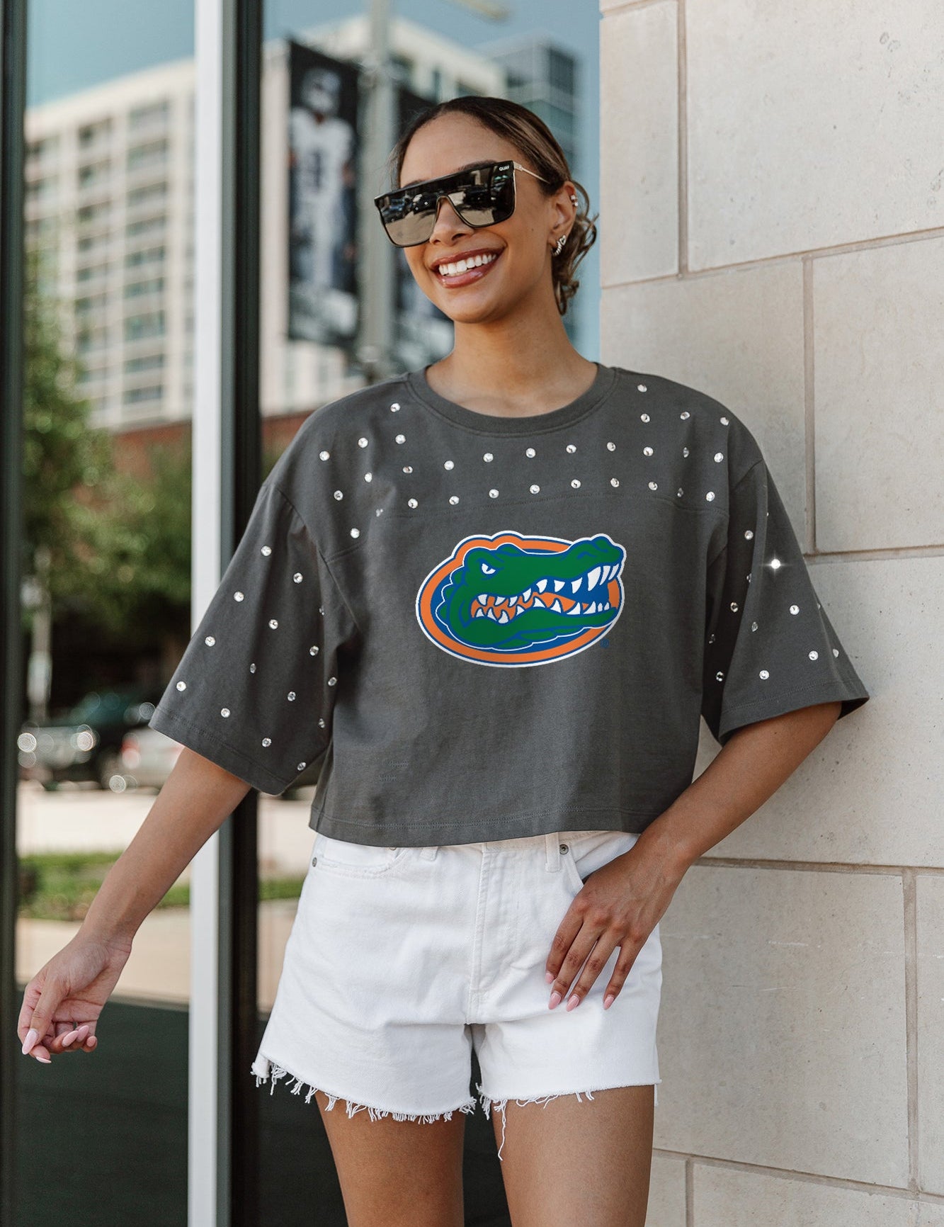 FLORIDA GATORS MAKING MOVES ALL-OVER RHINESTONE CROPPED TEE WITH YOKE