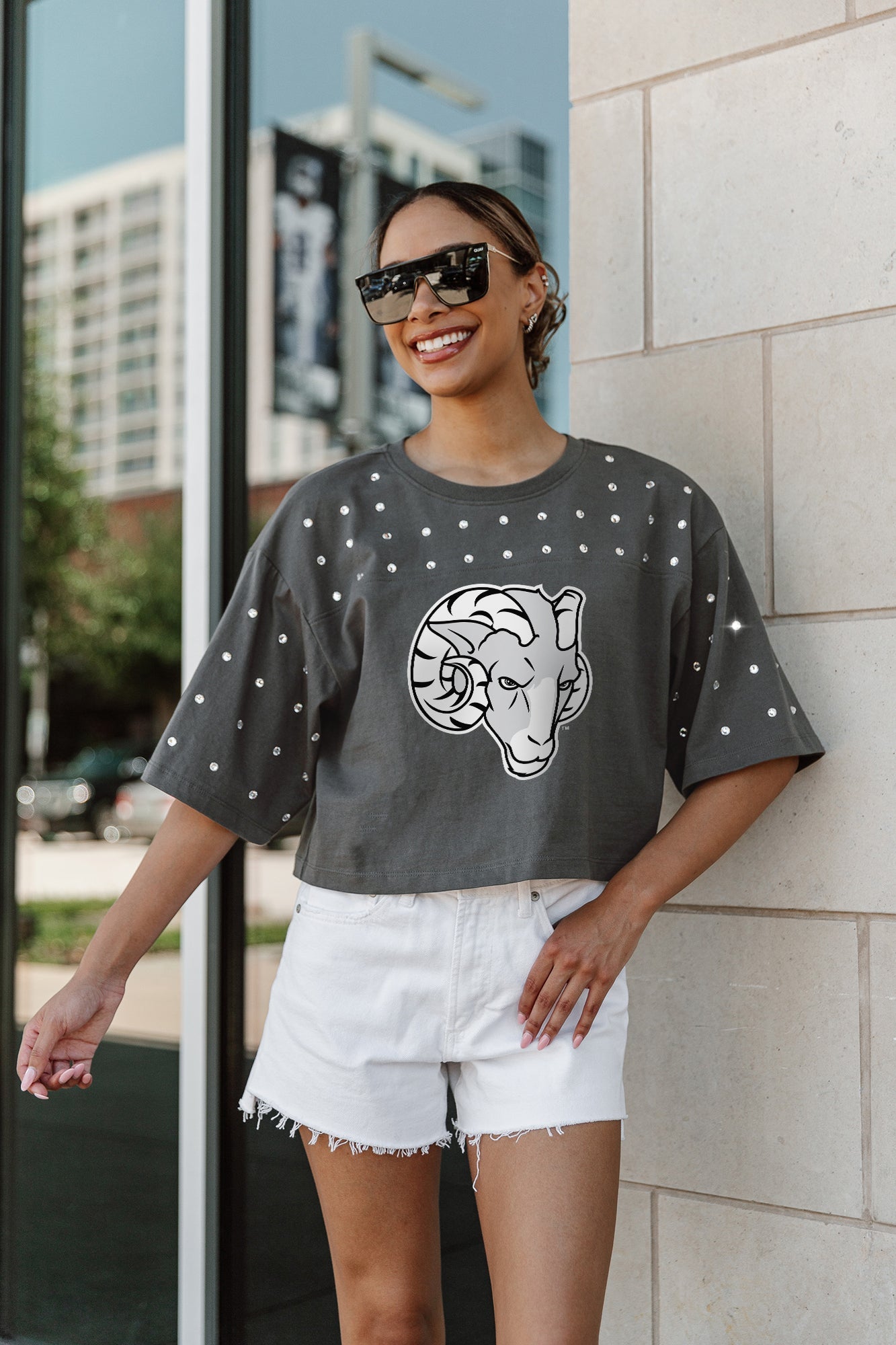 FORDHAM RAMS MAKING MOVES ALL-OVER RHINESTONE CROPPED TEE WITH YOKE
