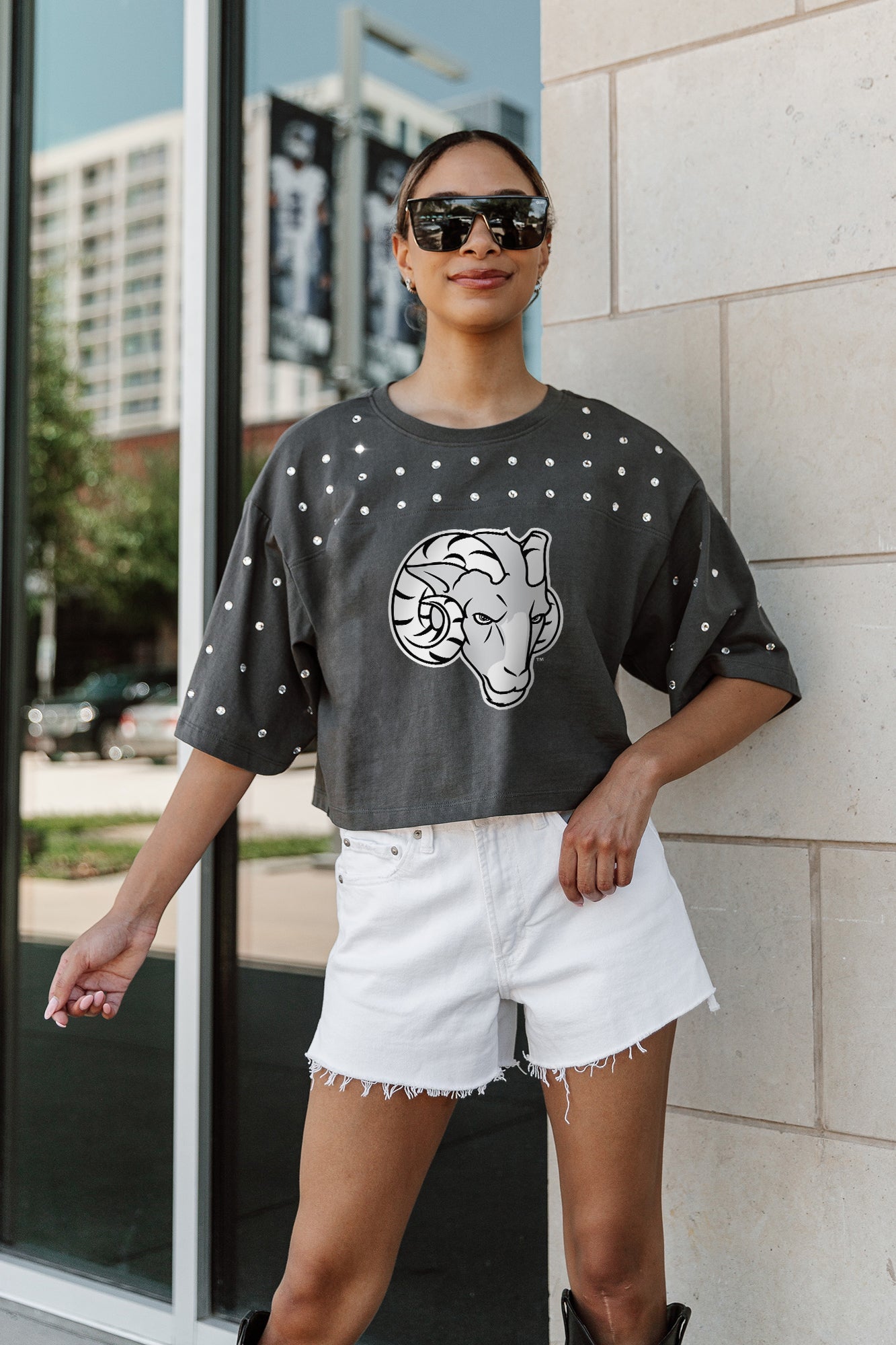 FORDHAM RAMS MAKING MOVES ALL-OVER RHINESTONE CROPPED TEE WITH YOKE