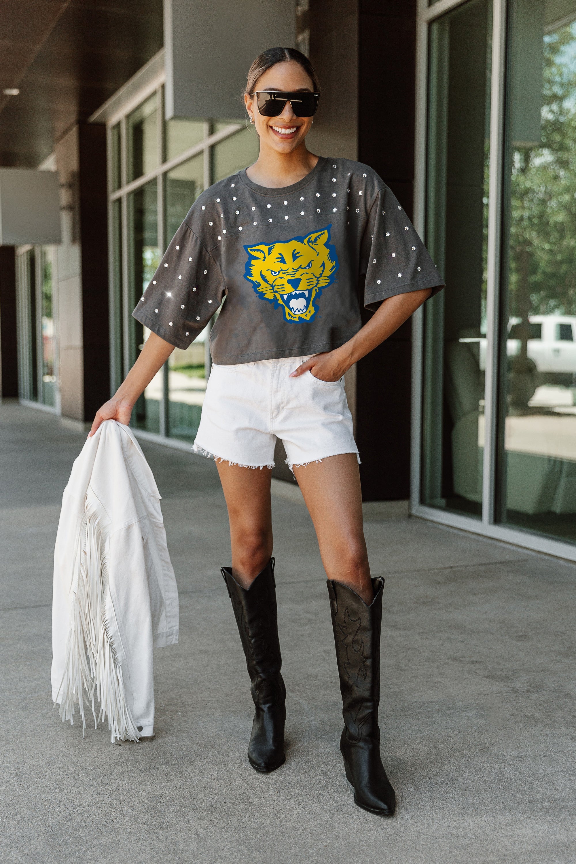 FORT VALLEY STATE WILDCATS MAKING MOVES ALL-OVER RHINESTONE CROPPED TEE WITH YOKE