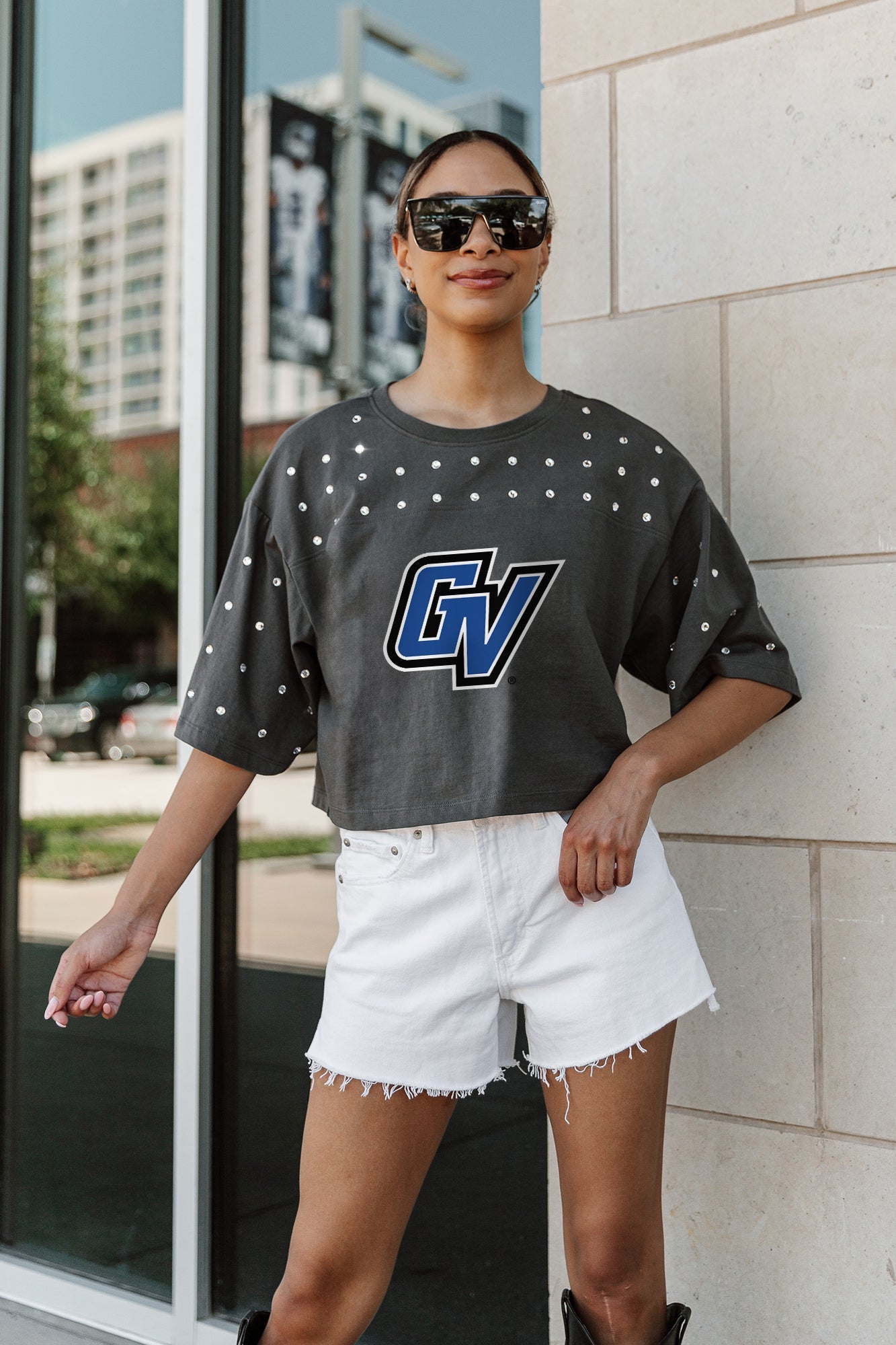 GRAND VALLEY LAKERS MAKING MOVES ALL-OVER RHINESTONE CROPPED TEE WITH YOKE