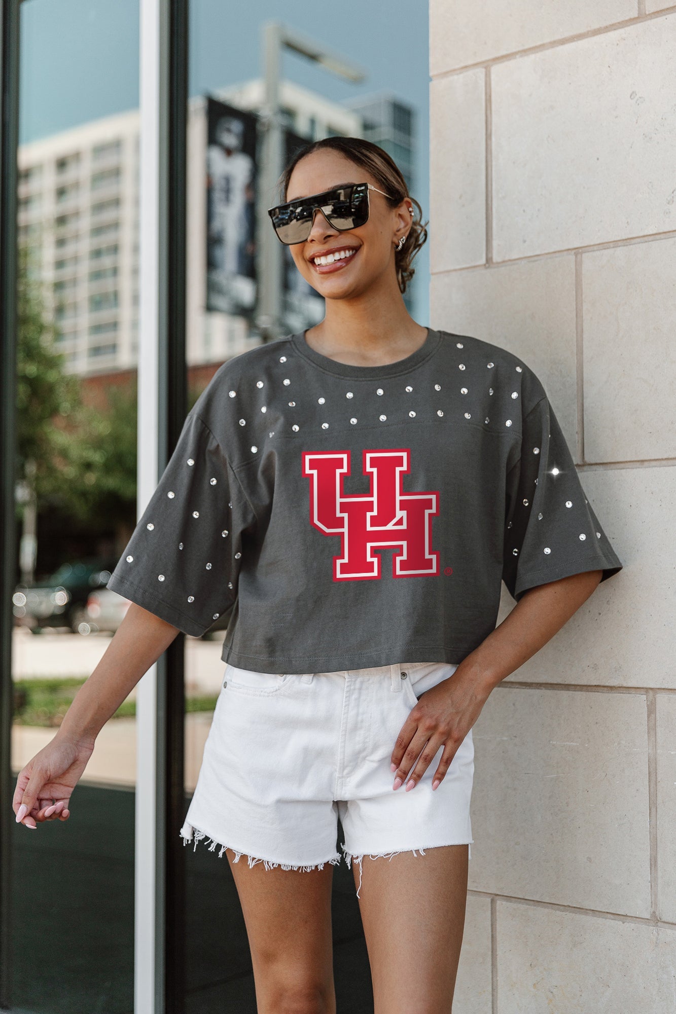 HOUSTON COUGARS MAKING MOVES ALL-OVER RHINESTONE CROPPED TEE WITH YOKE