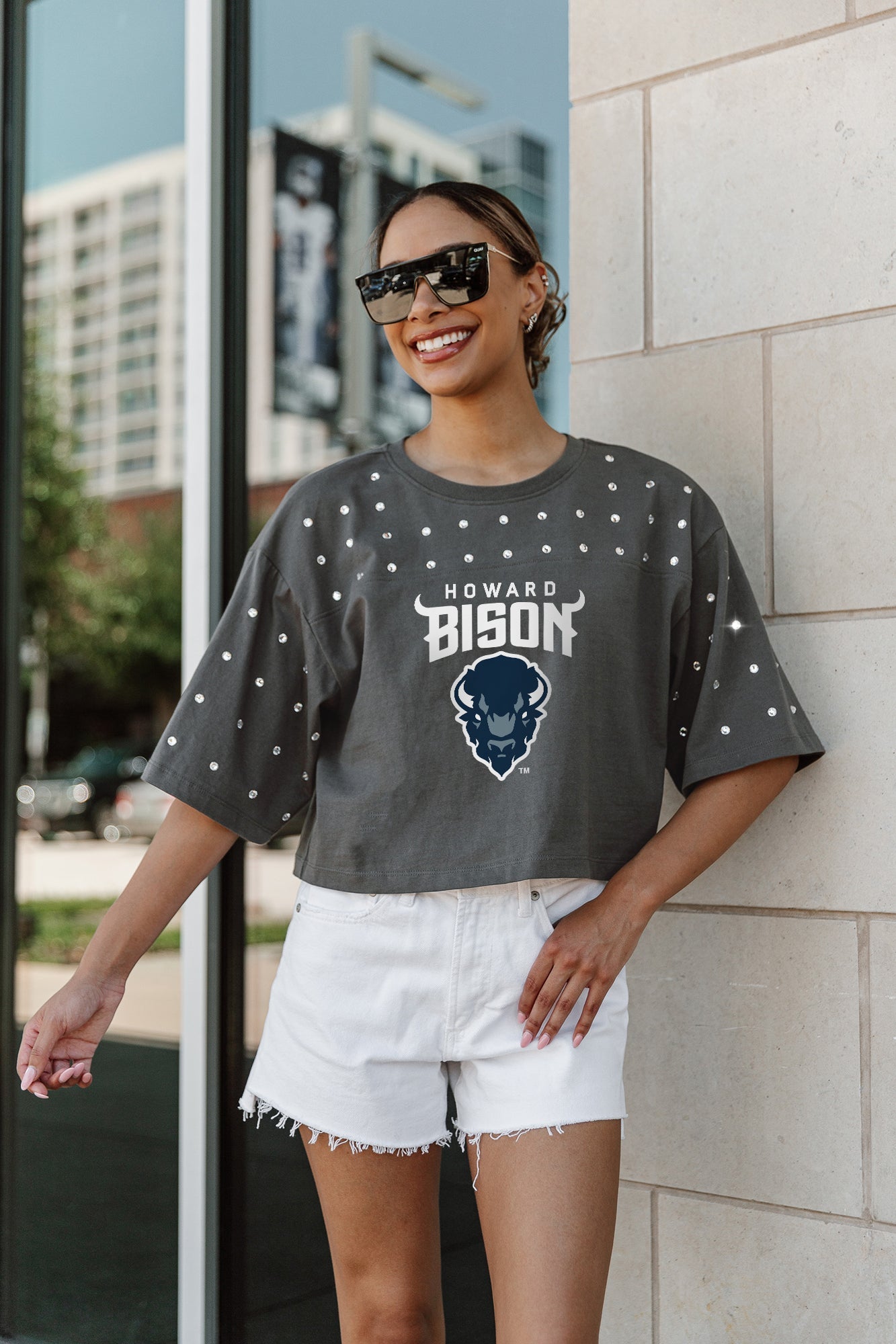 HOWARD BISON MAKING MOVES ALL-OVER RHINESTONE CROPPED TEE WITH YOKE