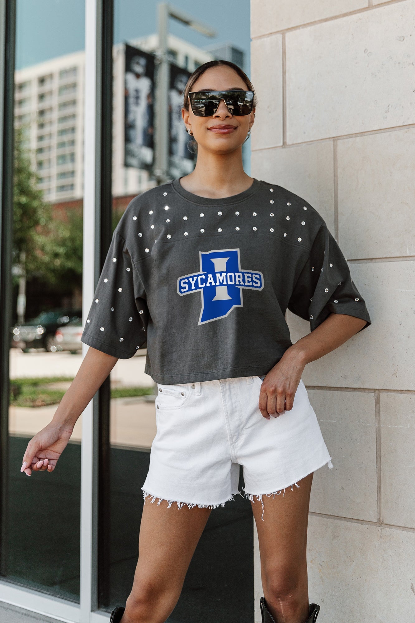 INDIANA STATE SYCAMORES MAKING MOVES ALL-OVER RHINESTONE CROPPED TEE WITH YOKE