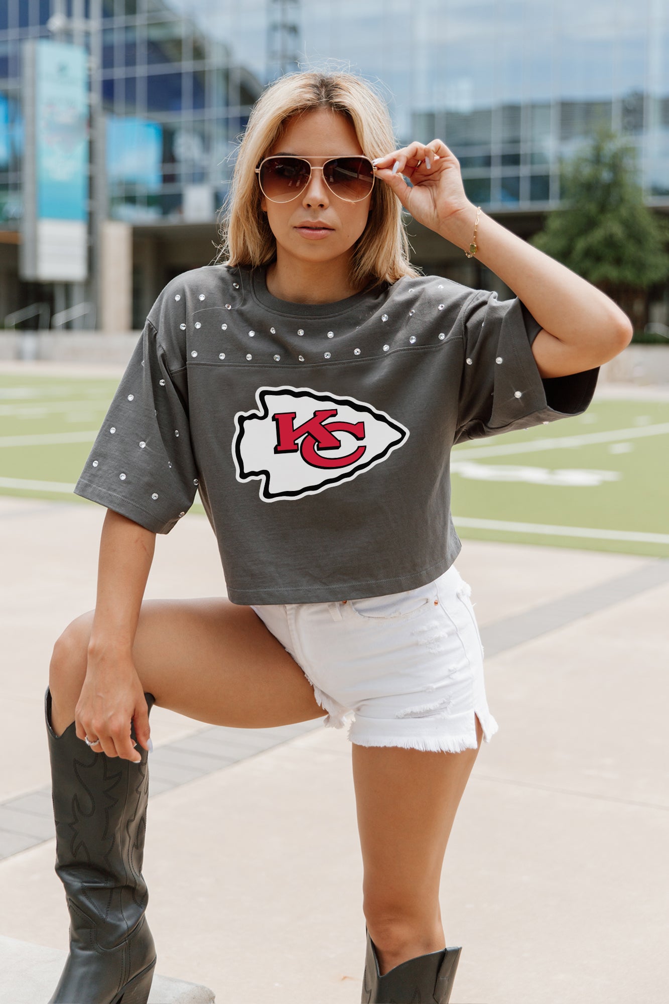 KANSAS CITY CHIEFS MAKING MOVES ALL-OVER RHINESTONE CROPPED TEE WITH YOKE