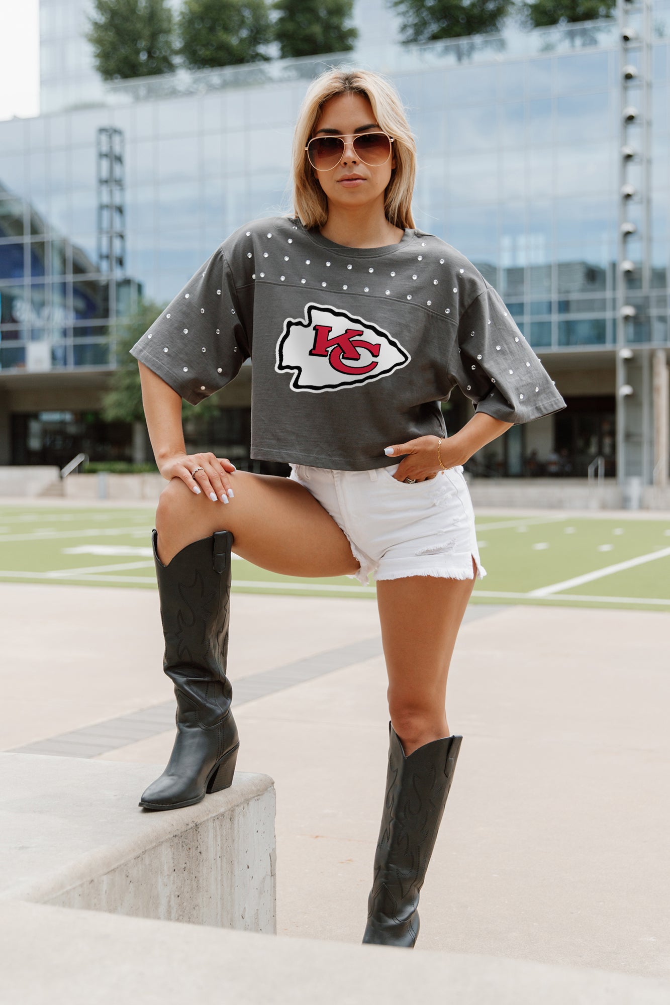 KANSAS CITY CHIEFS MAKING MOVES ALL-OVER RHINESTONE CROPPED TEE WITH YOKE
