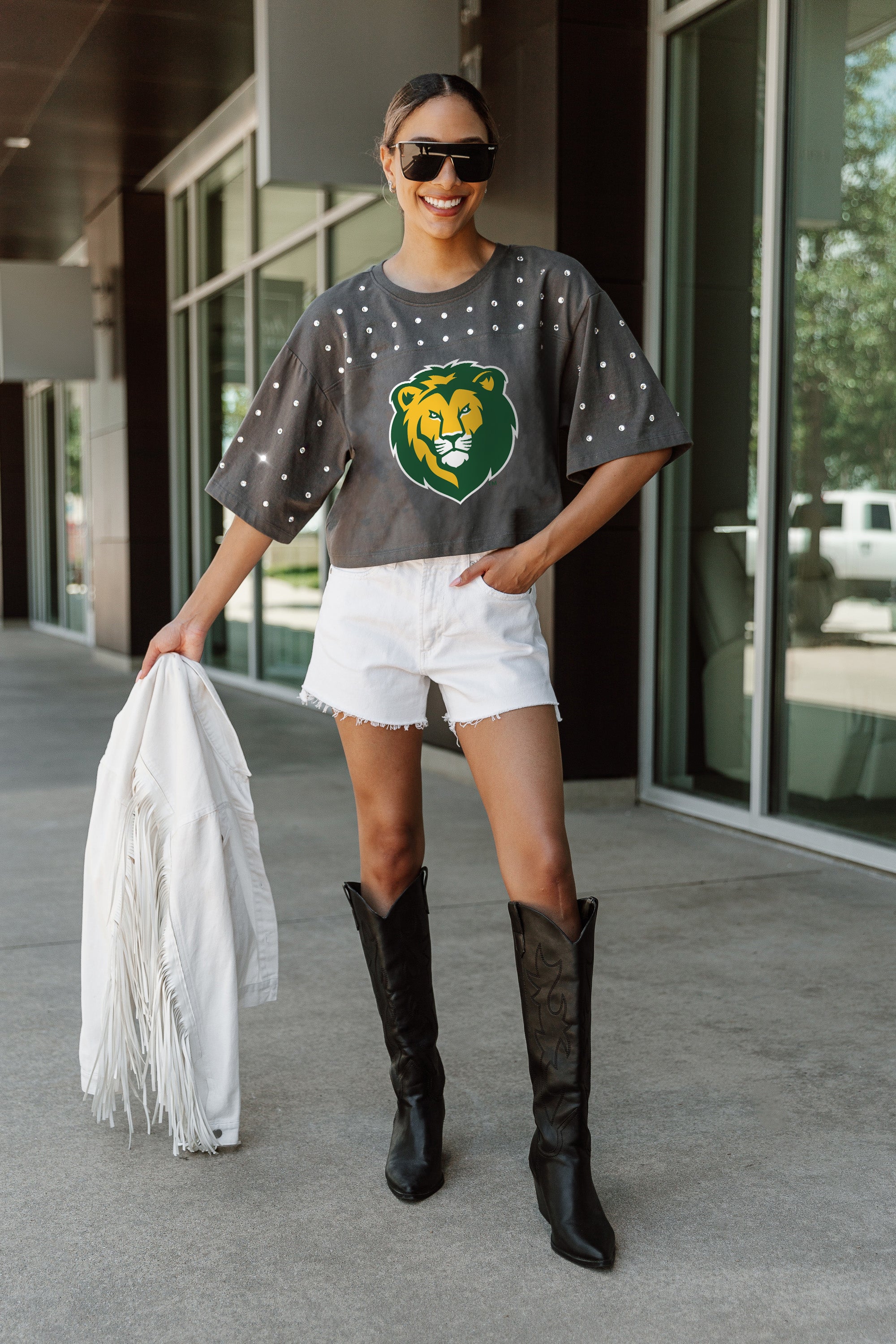 SOUTHEASTERN LOUISIANA LIONS MAKING MOVES ALL-OVER RHINESTONE CROPPED TEE WITH YOKE