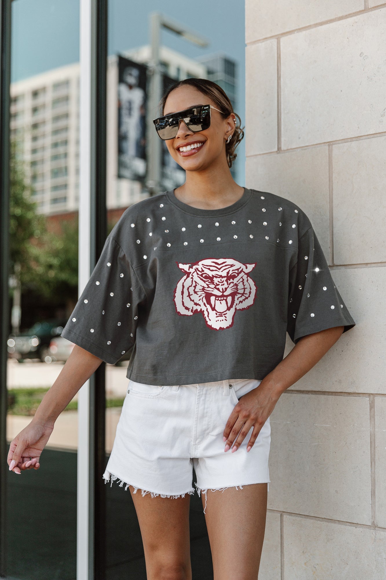 MOREHOUSE MAROON TIGERS MAKING MOVES ALL-OVER RHINESTONE CROPPED TEE WITH YOKE