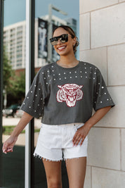 MOREHOUSE MAROON TIGERS MAKING MOVES ALL-OVER RHINESTONE CROPPED TEE WITH YOKE