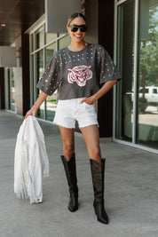 MOREHOUSE MAROON TIGERS MAKING MOVES ALL-OVER RHINESTONE CROPPED TEE WITH YOKE