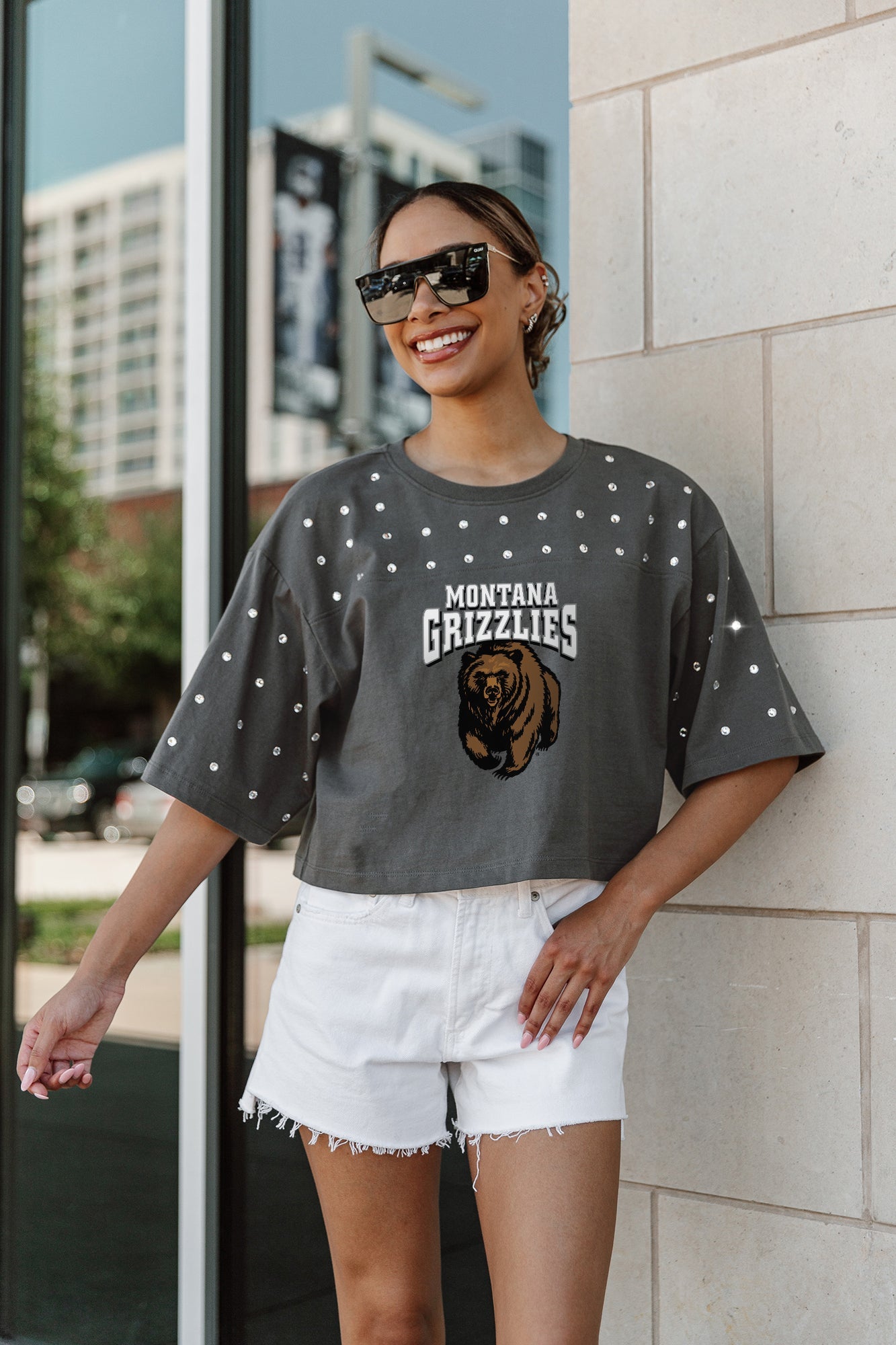 MONTANA GRIZZLIES MAKING MOVES ALL-OVER RHINESTONE CROPPED TEE WITH YOKE