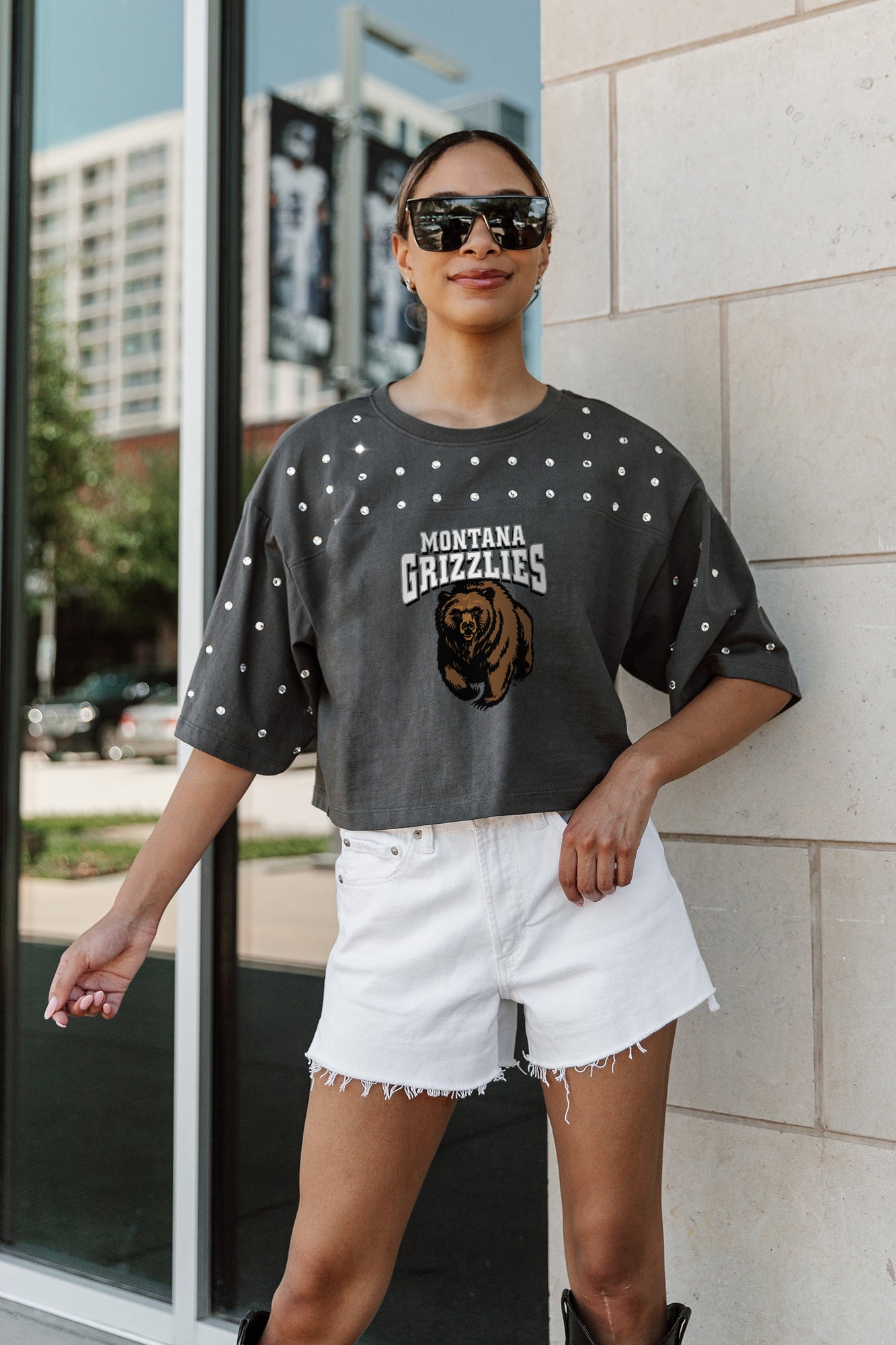 MONTANA GRIZZLIES MAKING MOVES ALL-OVER RHINESTONE CROPPED TEE WITH YOKE