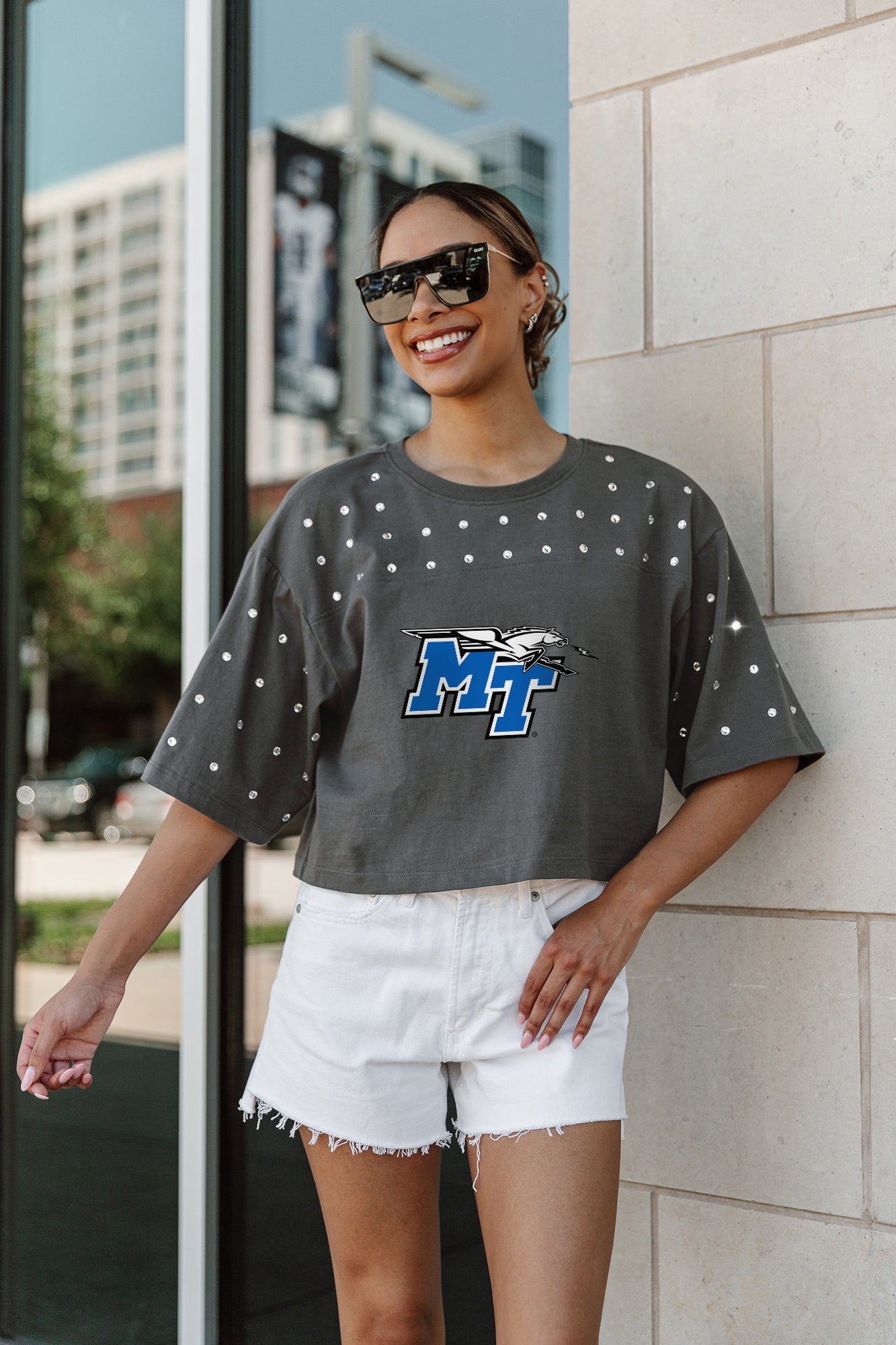 MIDDLE TENNESSEE STATE BLUE RAIDERS MAKING MOVES ALL-OVER RHINESTONE CROPPED TEE WITH YOKE