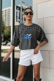 MIDDLE TENNESSEE STATE BLUE RAIDERS MAKING MOVES ALL-OVER RHINESTONE CROPPED TEE WITH YOKE