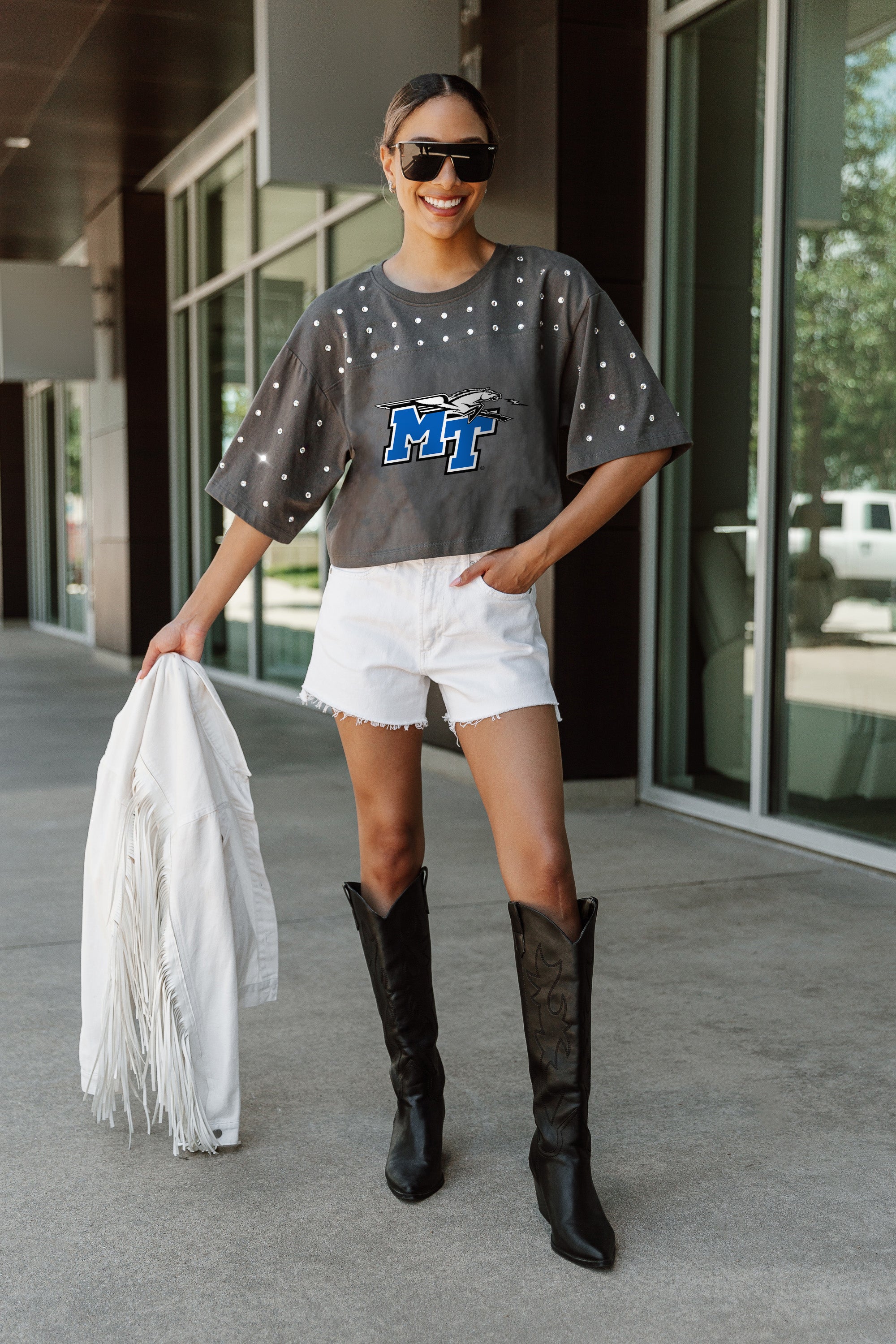 MIDDLE TENNESSEE STATE BLUE RAIDERS MAKING MOVES ALL-OVER RHINESTONE CROPPED TEE WITH YOKE