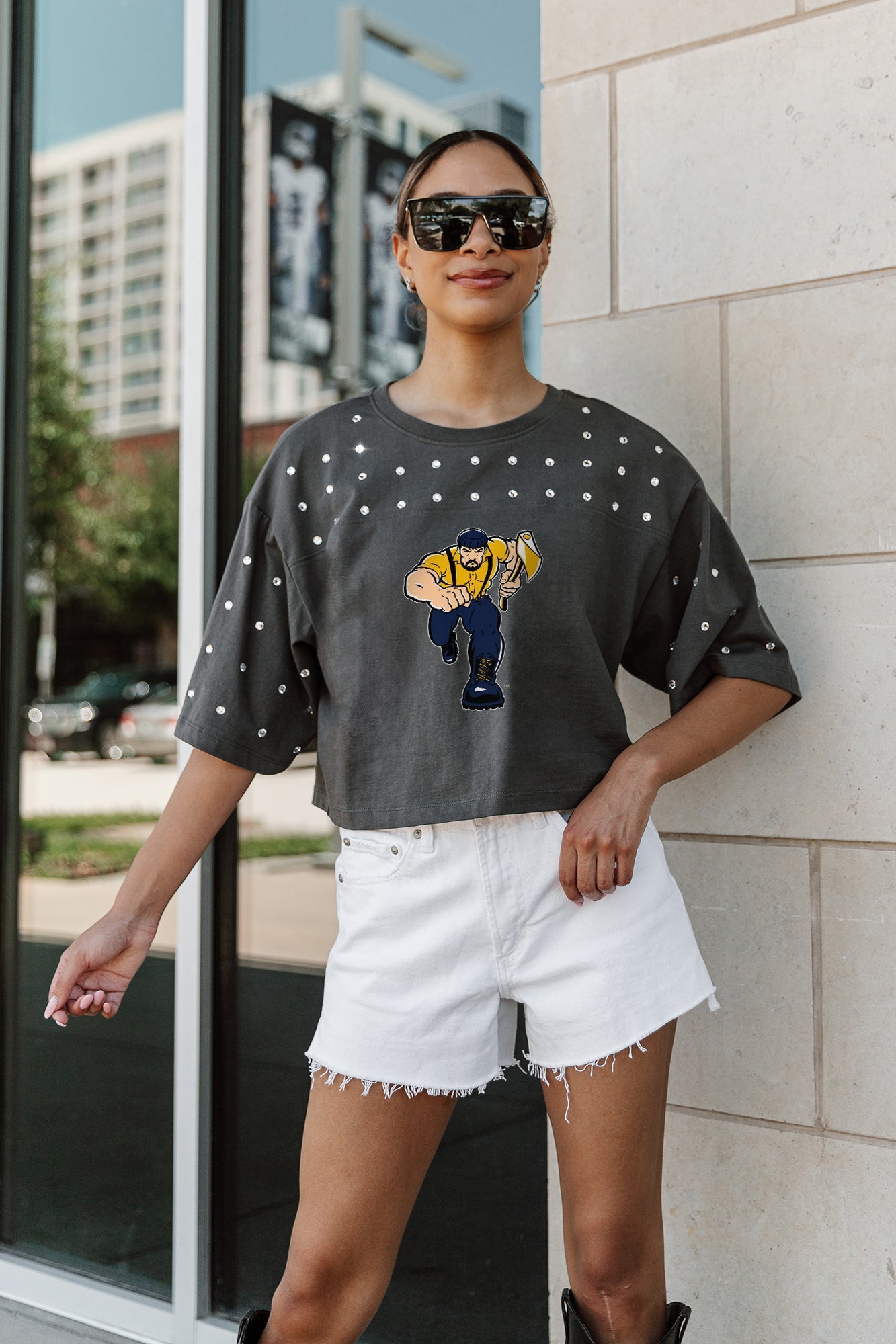 NORTHERN ARIZONA LUMBERJACKS MAKING MOVES ALL-OVER RHINESTONE CROPPED TEE WITH YOKE