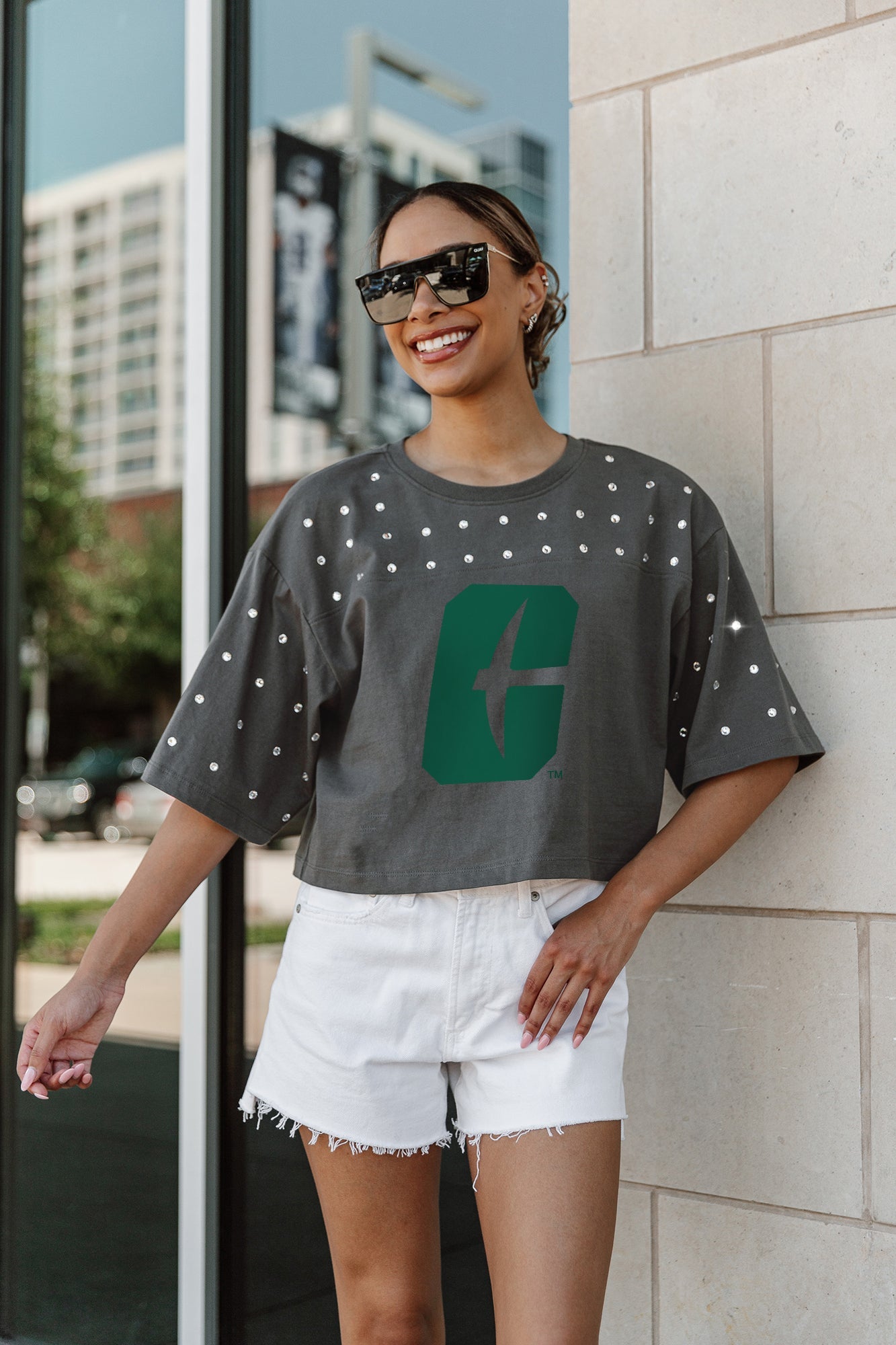 CHARLOTTE 49ERS MAKING MOVES ALL-OVER RHINESTONE CROPPED TEE WITH YOKE