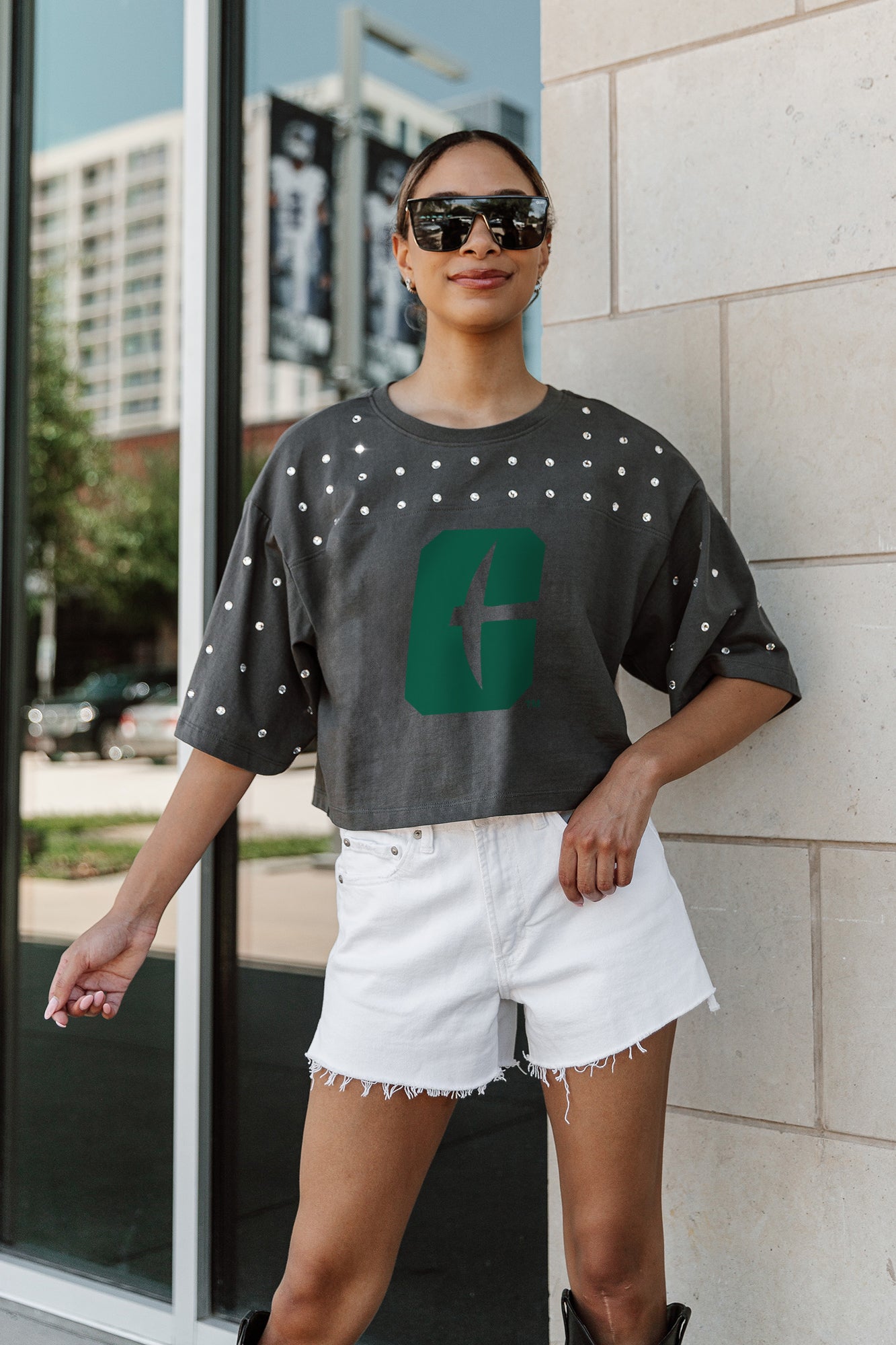 CHARLOTTE 49ERS MAKING MOVES ALL-OVER RHINESTONE CROPPED TEE WITH YOKE