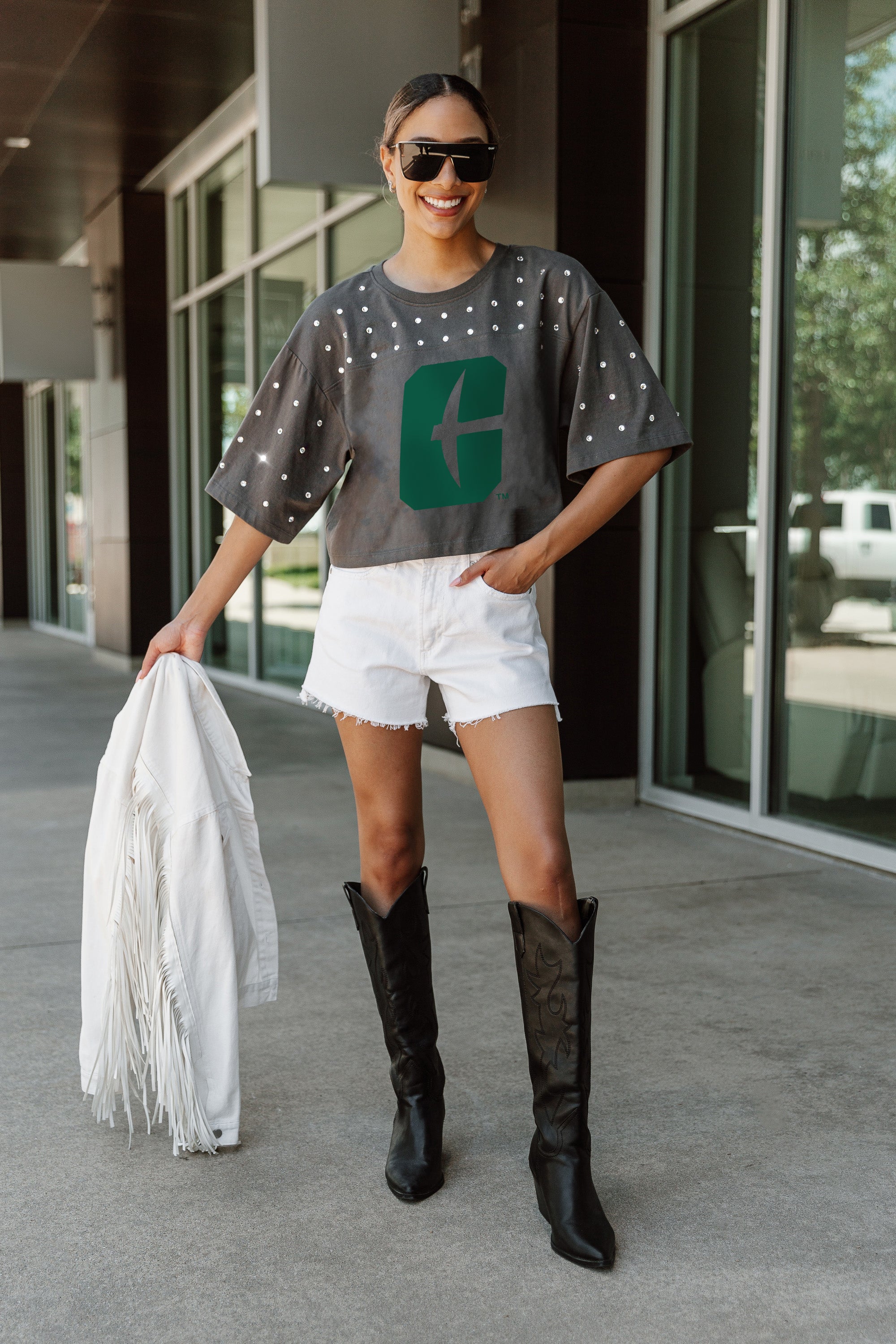 CHARLOTTE 49ERS MAKING MOVES ALL-OVER RHINESTONE CROPPED TEE WITH YOKE