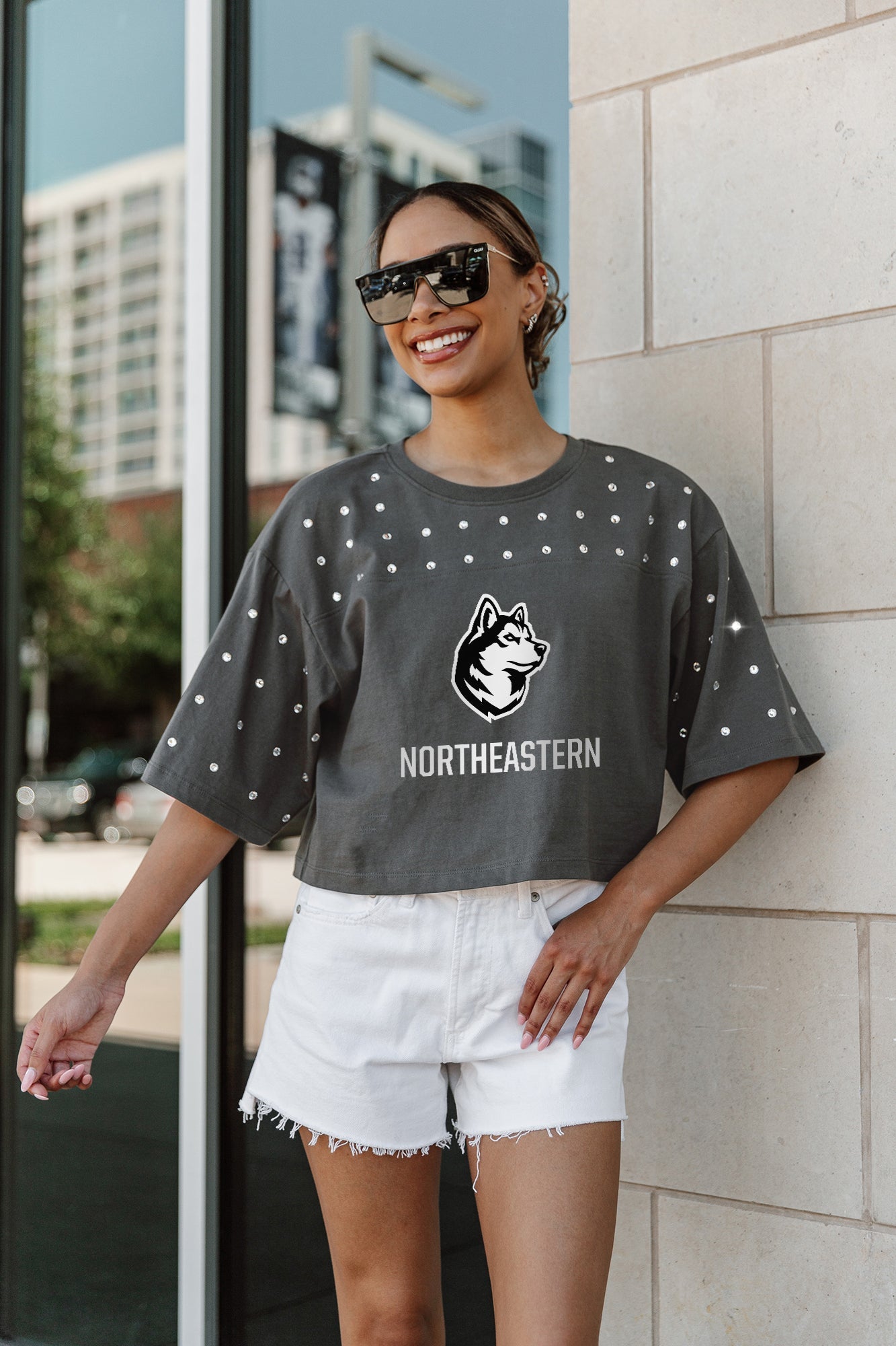 NORTHEASTERN HUSKIES MAKING MOVES ALL-OVER RHINESTONE CROPPED TEE WITH YOKE