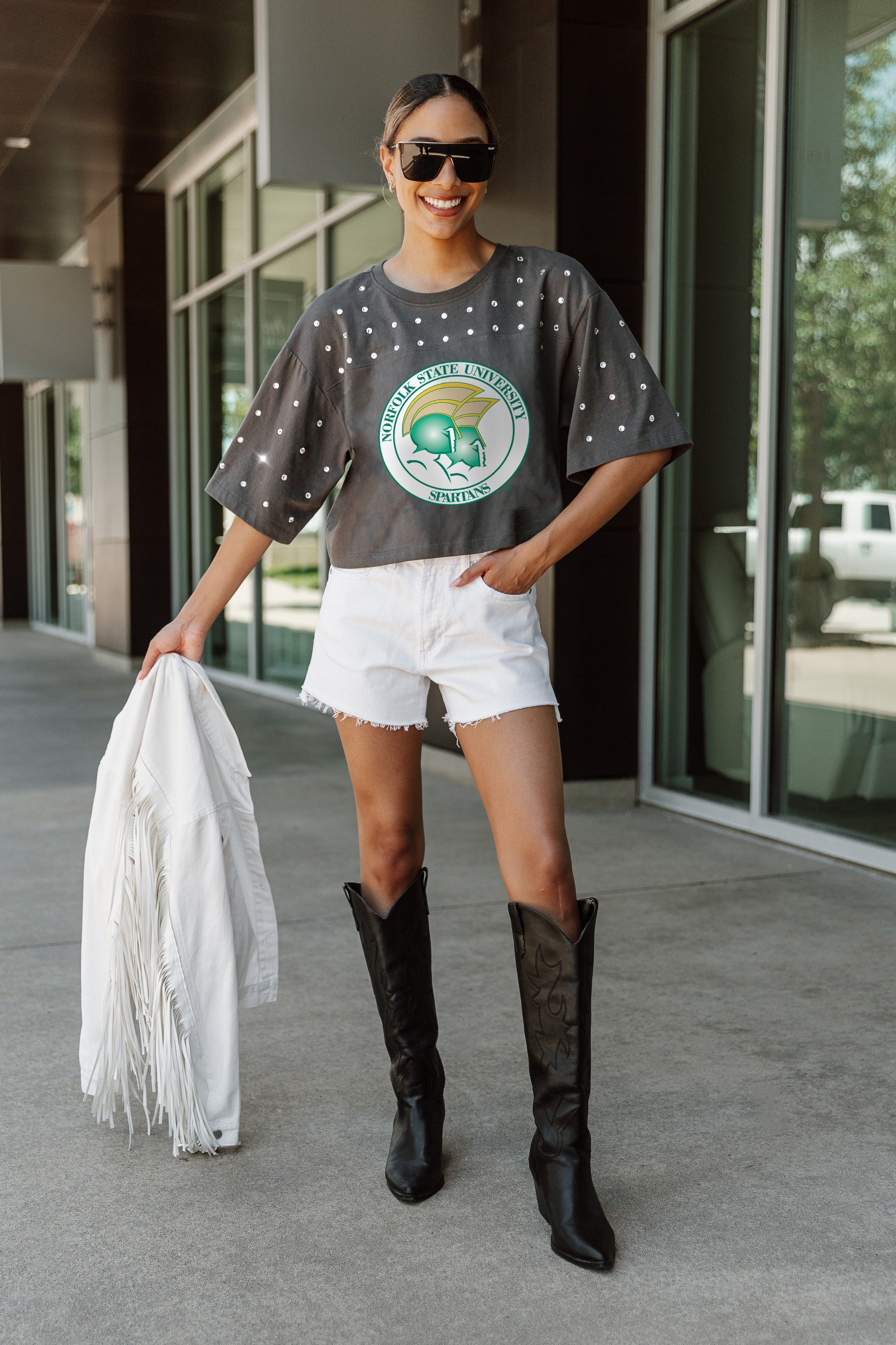 NORFOLK STATE SPARTANS MAKING MOVES ALL-OVER RHINESTONE CROPPED TEE WITH YOKE