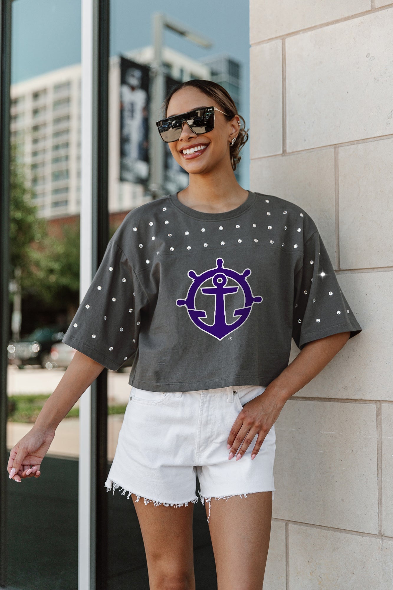 PORTLAND PILOTS MAKING MOVES ALL-OVER RHINESTONE CROPPED TEE WITH YOKE